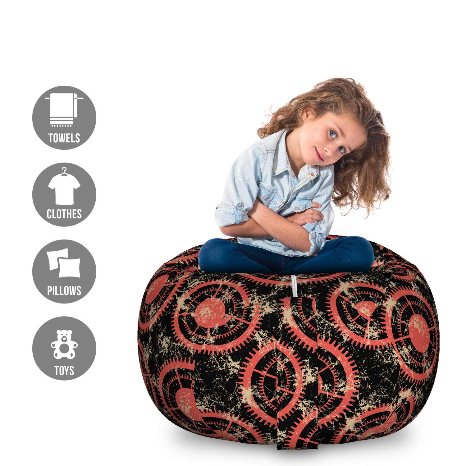 Ambesonne Steampunk Storage Bag Chair - Watch Mechanism Pattern with Geometric Grunge Design - Washable Large Toy Organizer for Stuffed Animals - Dark Coral Beige - Perfect for Kids' Room, Playroom & Dorm Organization