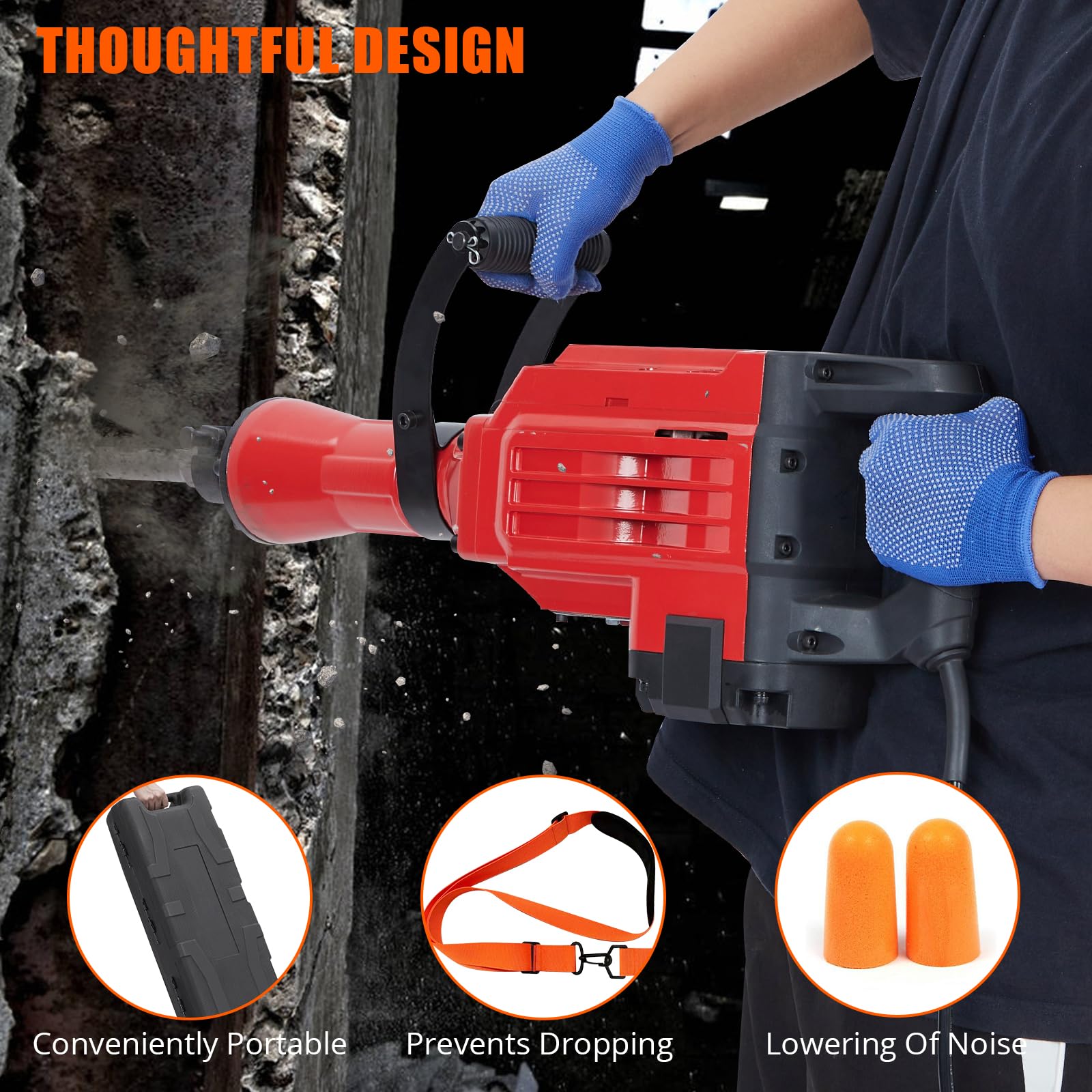 **GARVEE 3600W Electric Demolition Jack Hammer - Heavy Duty Concrete Breaker with 4-Piece Chisel Bit Set, Carrying Case, Noise Canceling Earplugs & Shoulder Strap - Ideal for Construction, Renovation & DIY Projects**