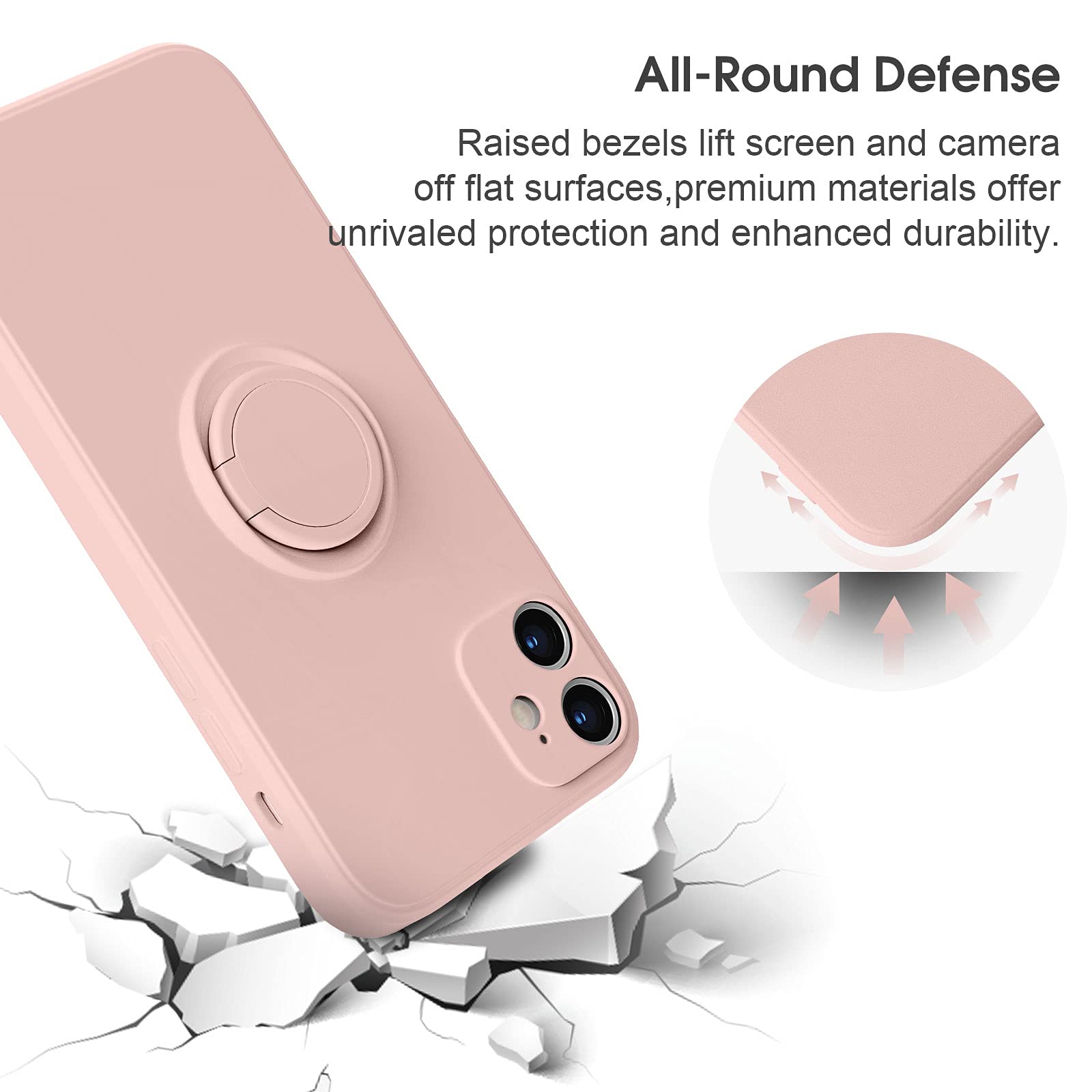 ABITKU iPhone 12 Case [6.1 inch 2020] - Premium Silicone Protective Cover with 360° Rotating Ring Kickstand & Magnetic Car Mount, Soft Microfiber Lining (Pink) | Perfect for Work, Travel & Everyday Use