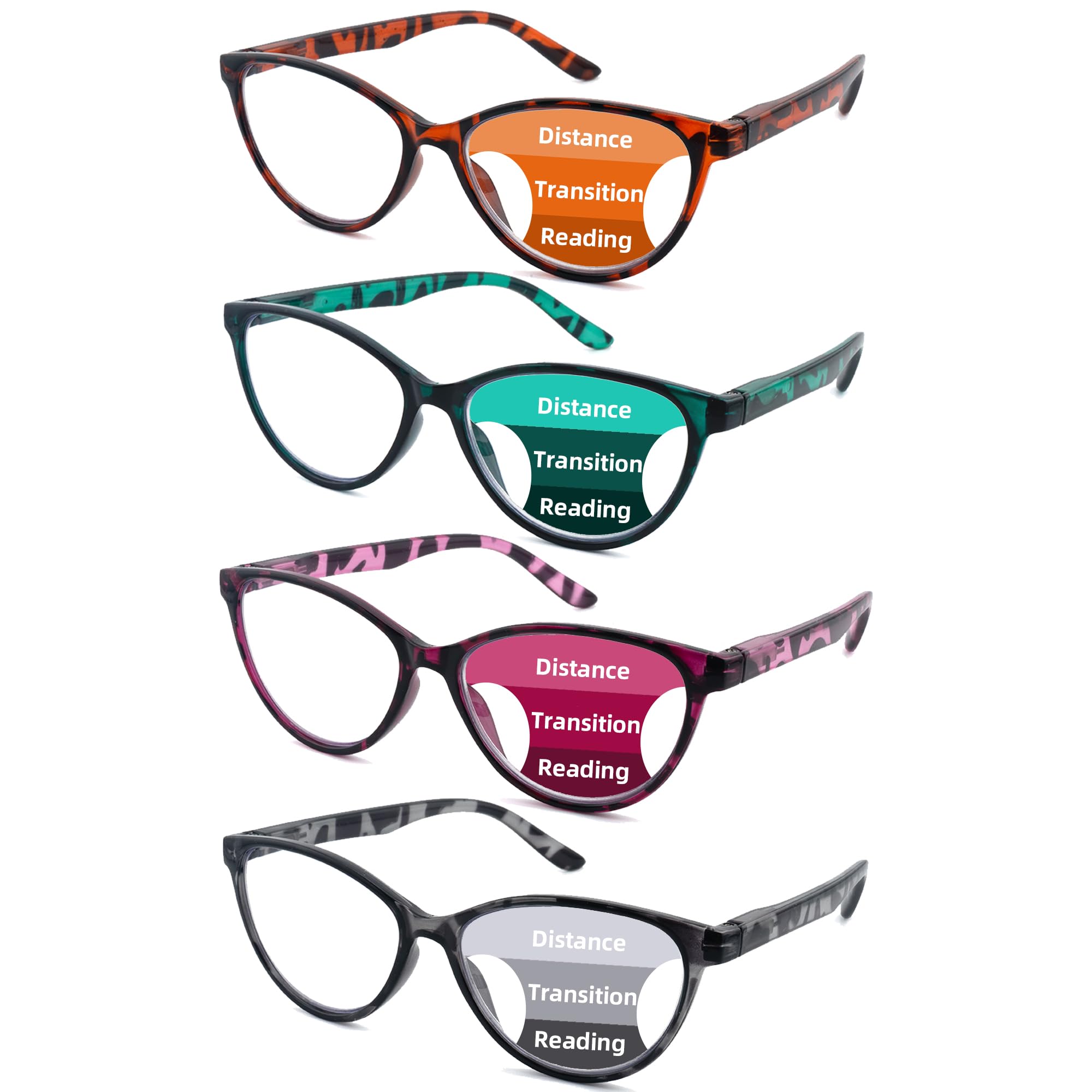 4-Pack Cat Eye Progressive Multifocal Reading Glasses for Women - Blue Light Blocking Readers with Spring Hinges | Fashionable & Comfortable Eyewear for Reading, Computer Use & Office Work