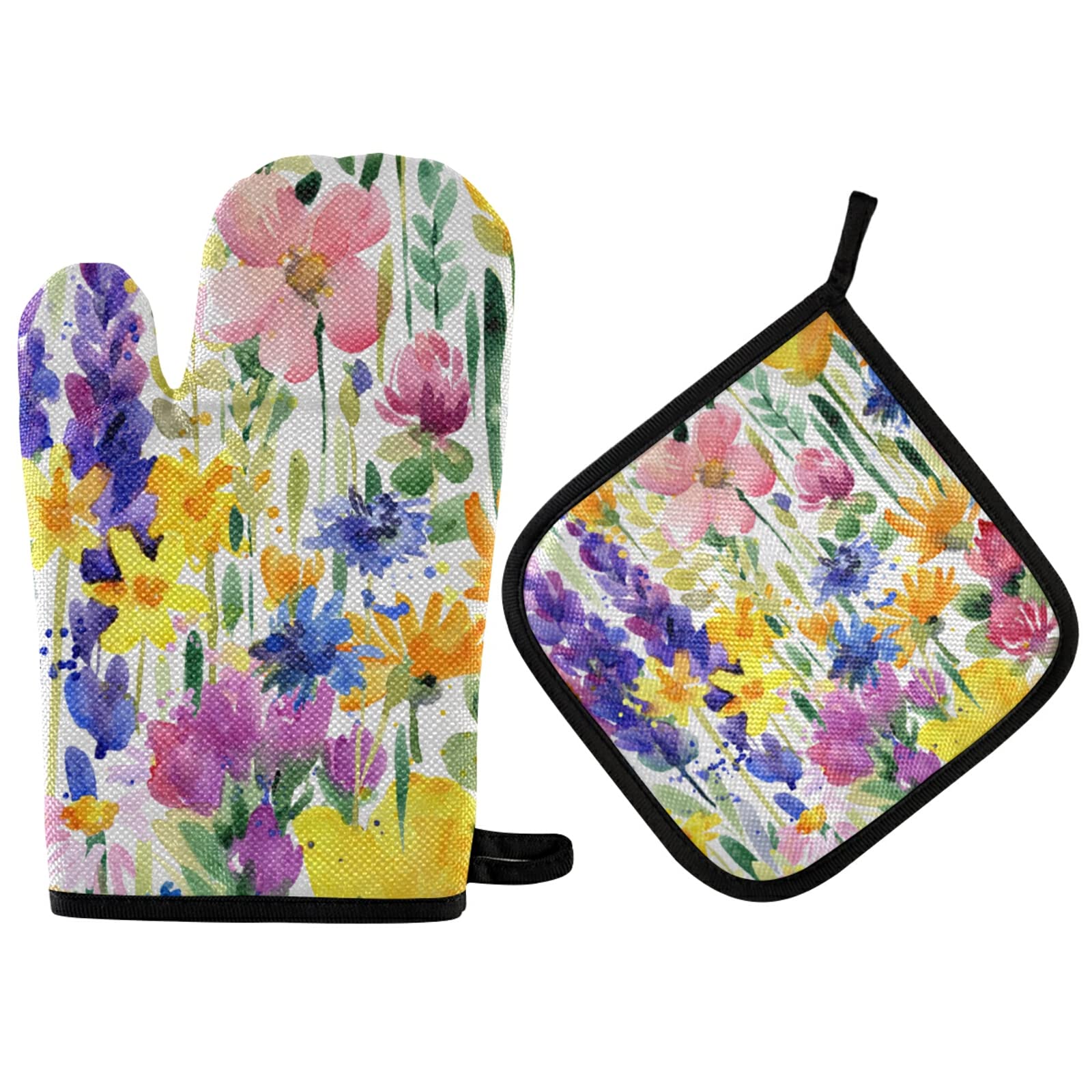 Non-Slip Oven Mitts & Pot Holders Set - Seamless Purple Yellow Pink Watercolor Floral Design for Kitchen Cooking, Baking, Grilling & BBQ | Heat Resistant Hot Pads & Gloves for Summer Outdoor Picnics & Indoor Baking
