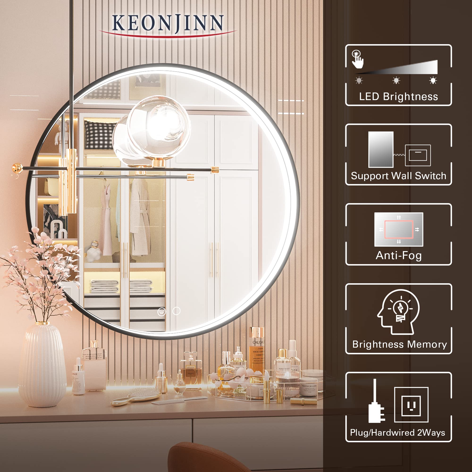 Keonjinn 24 Inch Round LED Bathroom Mirror with Dimmable Frontlit Lights - Black Metal Framed Wall Mirror with Defogging Function - 6000K White Light Vanity Makeup Mirror for Bathroom, Bedroom & Dressing Room