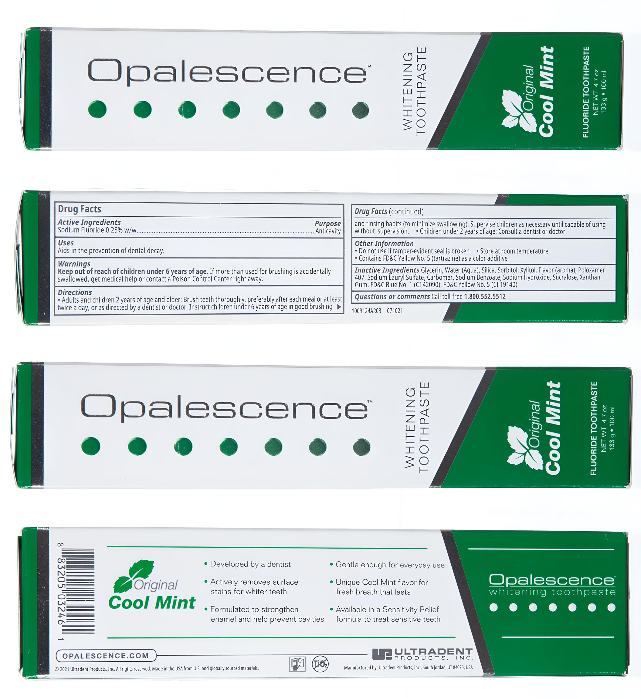 Opalescence Teeth Whitening Toothpaste (Pack of 2) - Cool Mint Original Formula for Brighter Smile - Gluten-Free Oral Care - 4.7 oz by Ultradent - TP-5166-2 - Perfect for Daily Use & Professional Whitening Results