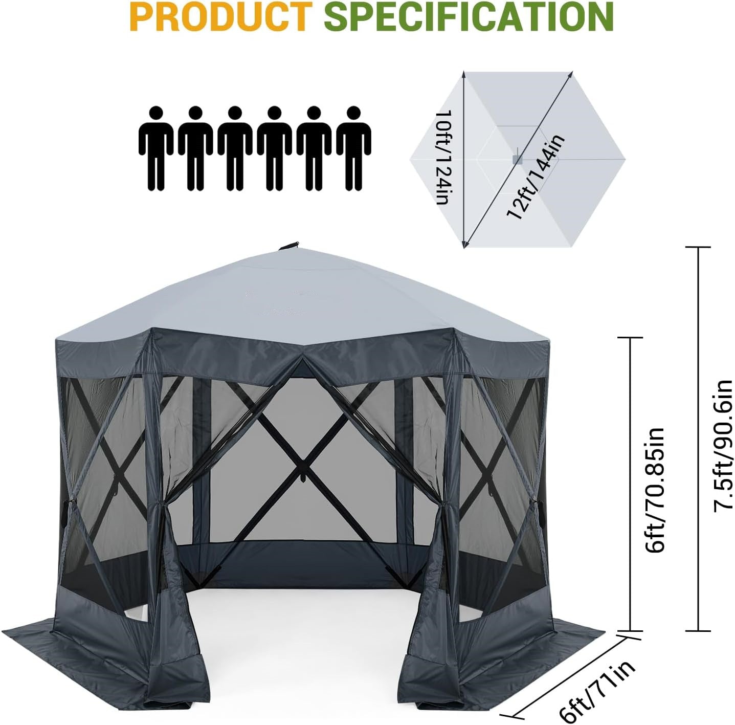 GARVEE 12x12ft Portable Pop Up Canopy Gazebo Tent with 6 Sides & Mesh Windows - Lightweight Outdoor Shelter with Carry Bag for Camping, Picnics, Beach, Backyard Parties, and Outdoor Events (Gray)