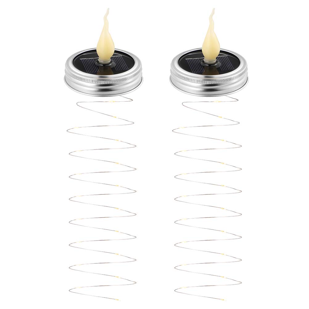 SOLUSTRE 2-Pack Solar Mason Jar Lid String Lights - 6.5ft Warm White Fairy Lights for Outdoor Garden, Patio, Wedding & Party Decor (Candle Design) | Weatherproof & Decorative Solar-Powered Lighting