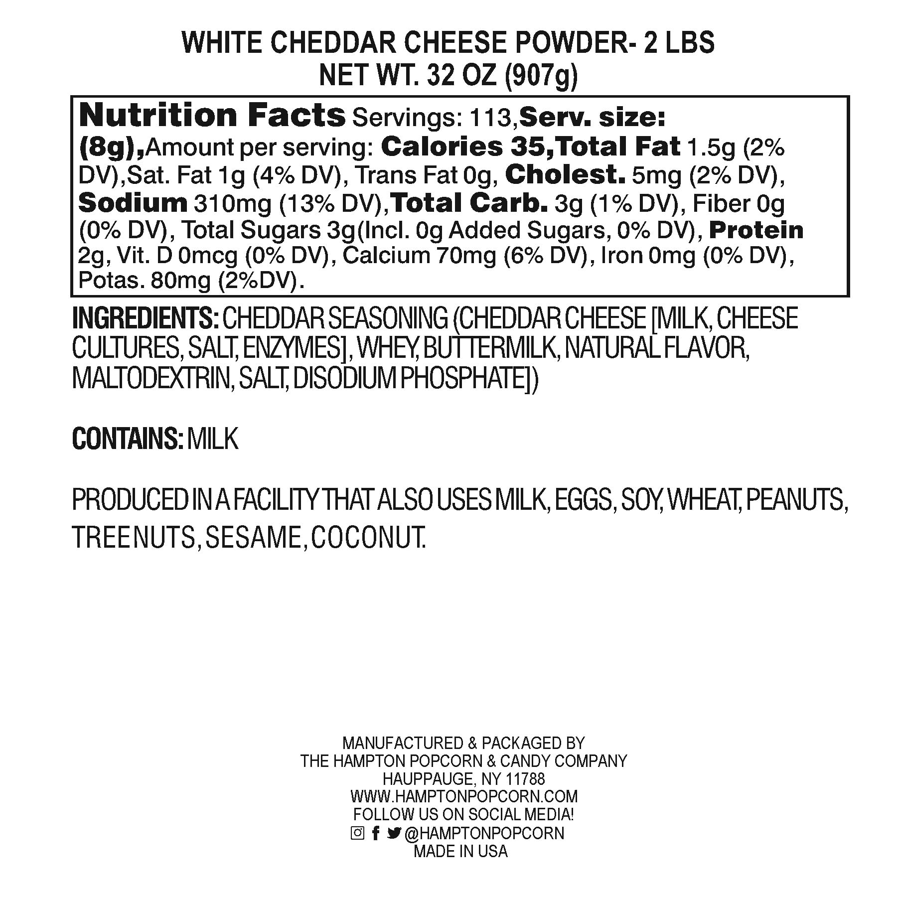 Premium White Cheddar Cheese Powder - 2lb Resealable Jar | Popcorn Seasoning, Pasta Topping & Cheese Sauce Mix | Perfect for Snacks, Cooking & Baking