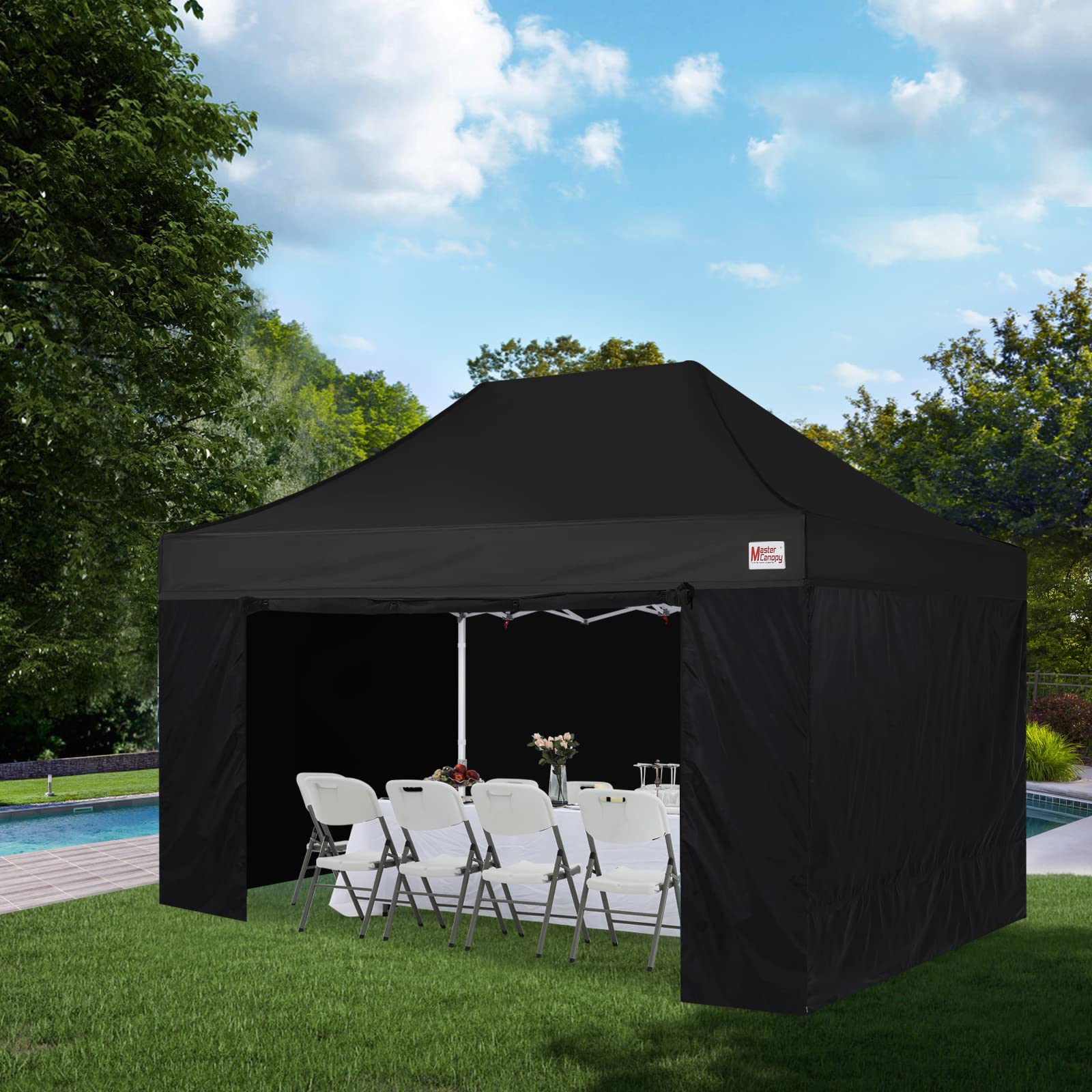 MASTERCANOPY 10x15 Premium Heavy Duty Commercial Pop Up Canopy Tent with Sidewalls - Waterproof Instant Shelter for Outdoor Events, Farmers Markets, Camping & Backyard Parties (10x15 Black)