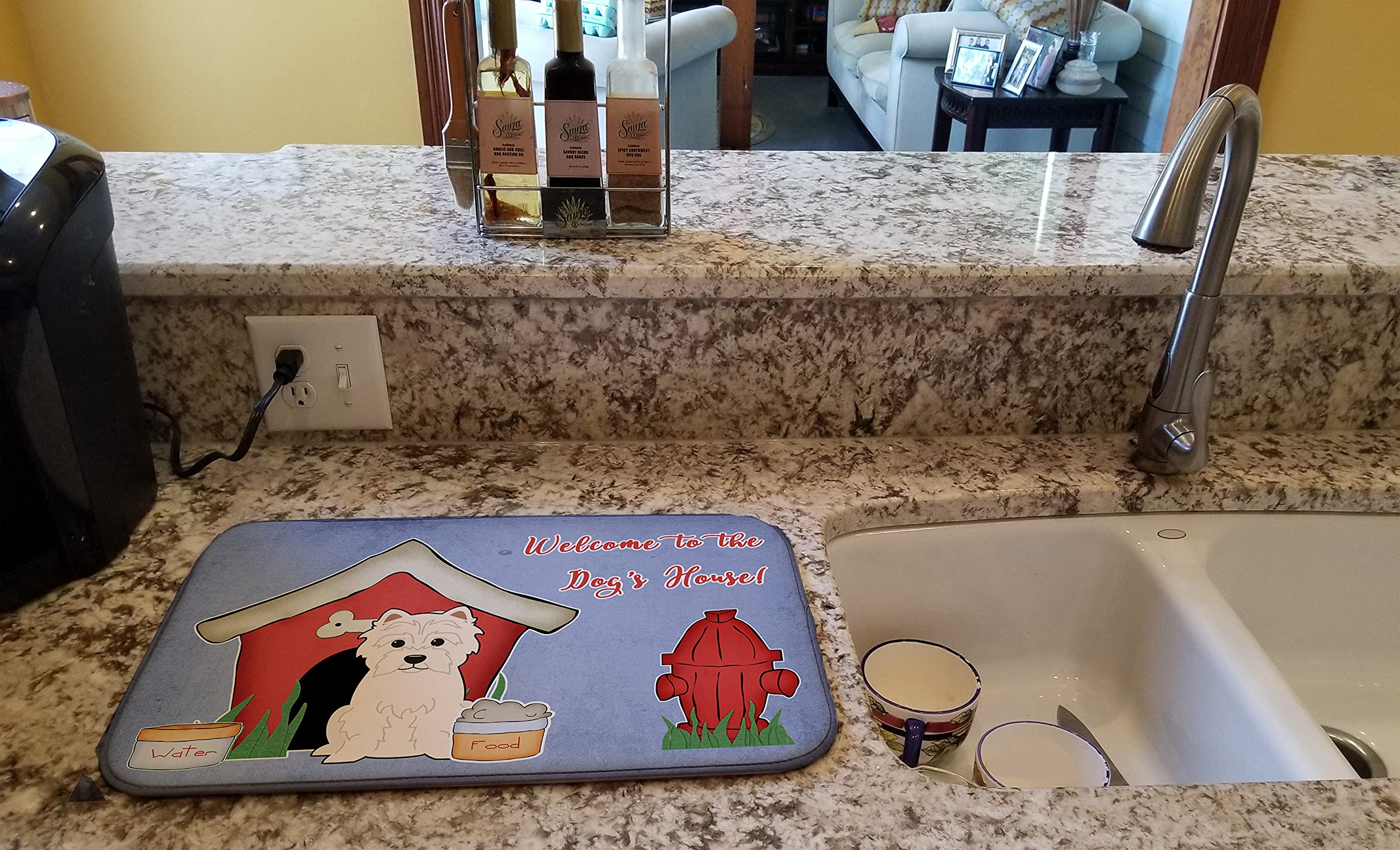 Westie Dog House Dish Drying Mat - Absorbent Kitchen Counter Pad, 14x21
