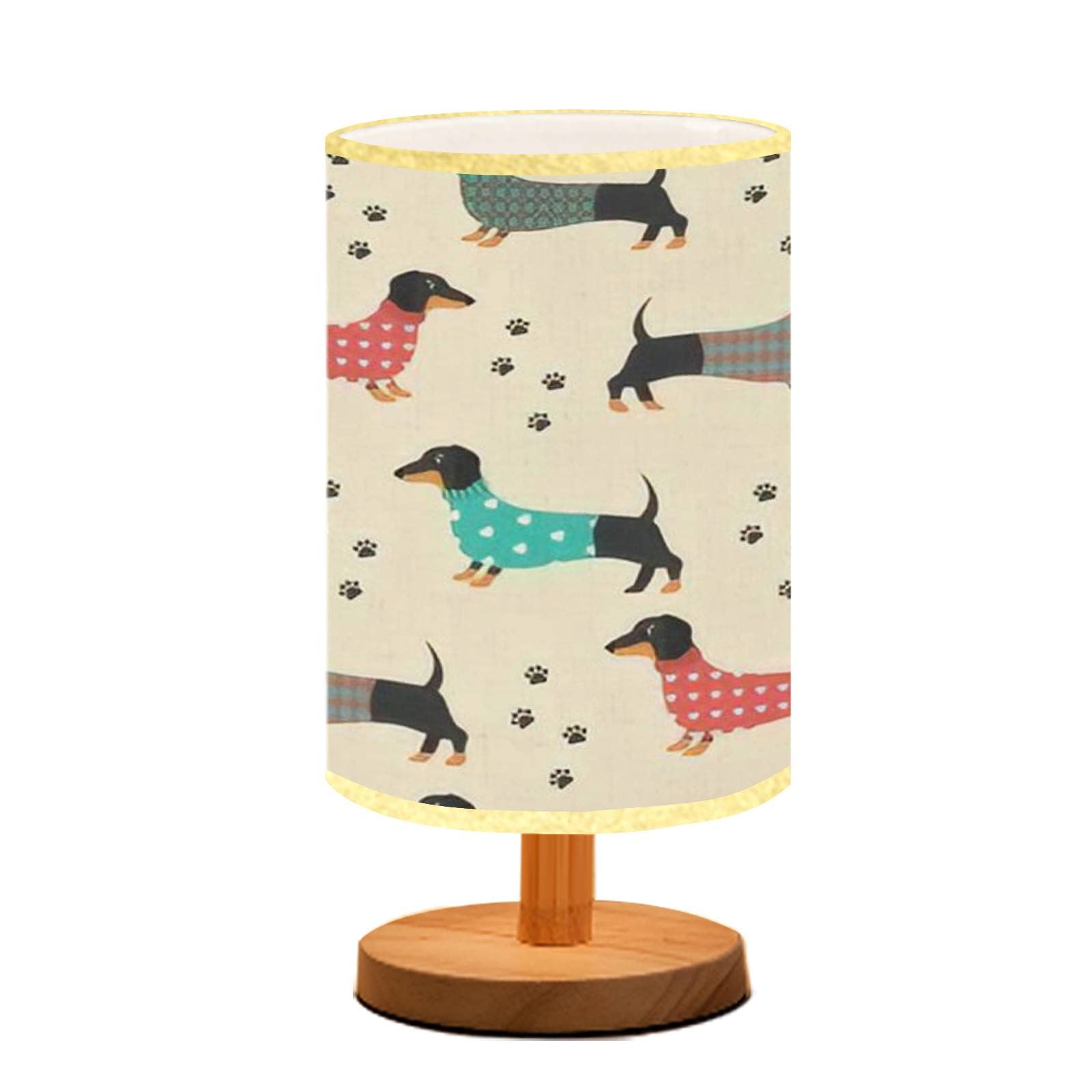 Dimmable Wood Base Table Lamp with Flaxen Fabric Shade - Dachshund Dog Print Design for Bedroom Nightstand, Living Room & Office Desk | 5.5x11 inch | Perfect for Reading, Relaxing & Home Decor