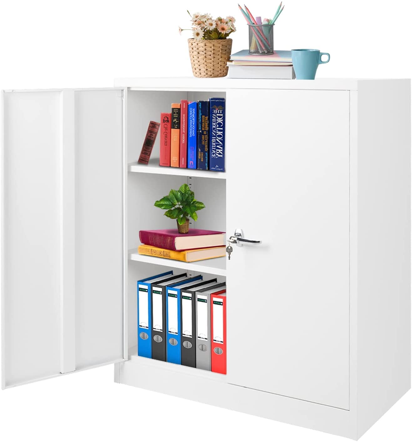 White Metal Storage Cabinet with Locking Doors - 2 Adjustable Shelves, Small Steel File Cabinet for Office, Bathroom & Laundry Room | Secure Storage Solution for Documents, Towels & Cleaning Supplies