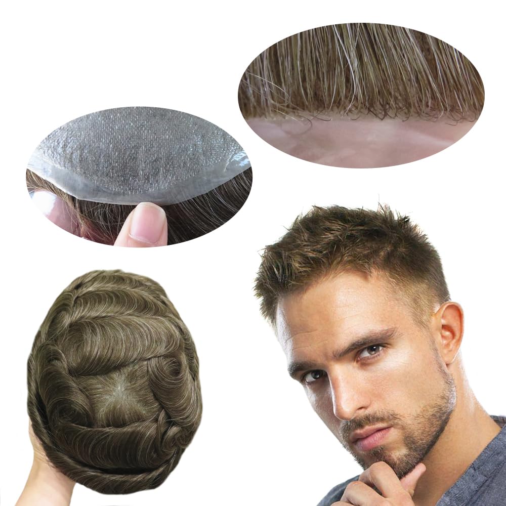 Men's Toupee Hairpiece - 0.05mm Thin Skin Human Hair Wig Replacement System #620 - Natural Looking Hair Style for Daily Wear & Special Occasions
