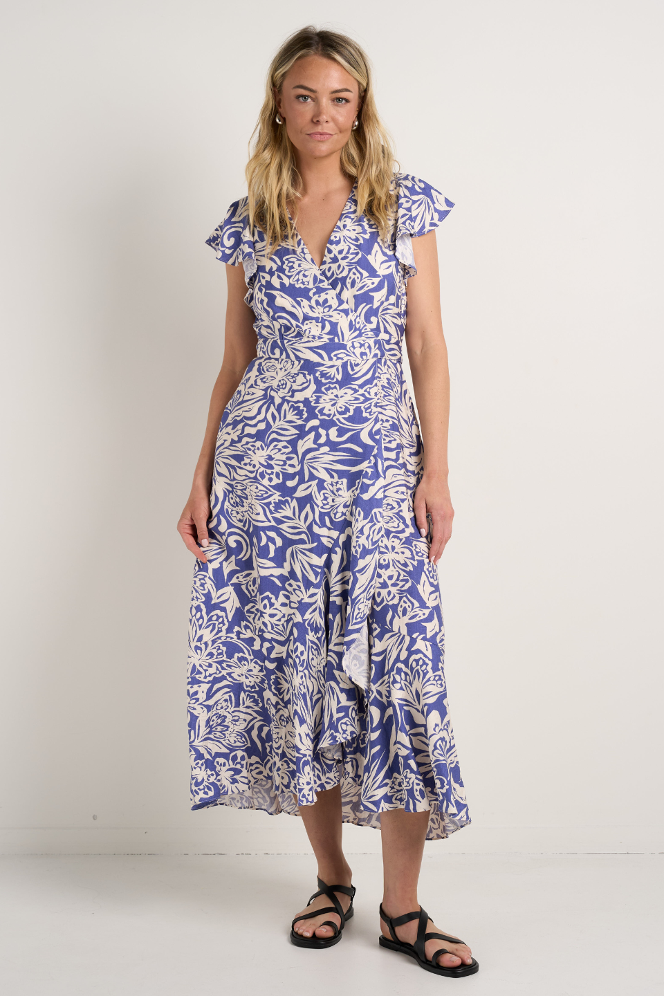 Elegant Blue Floral Wrap Midi Dress with Flutter Sleeves - Perfect for Summer Weddings & Garden Parties