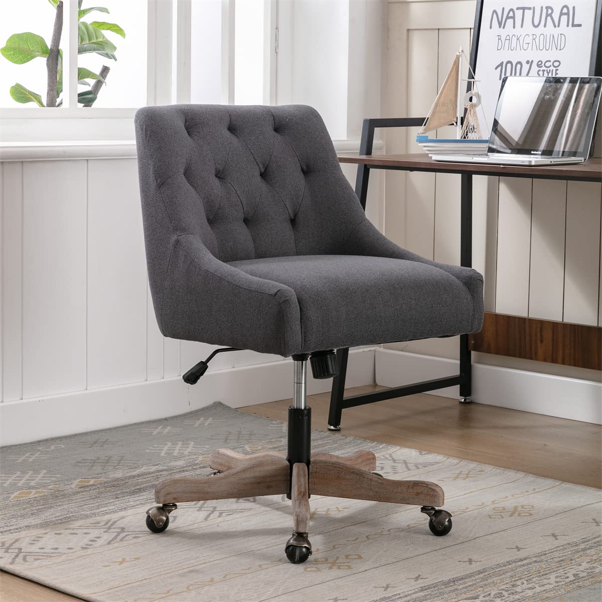 Modern Swivel Accent Chair with Adjustable Lift Seat & Casters - Tufted Curved Back Upholstered Task Chair for Home Office, Living Room & Study - Charcoal Grey - Perfect for Work, Relaxation & Small Spaces