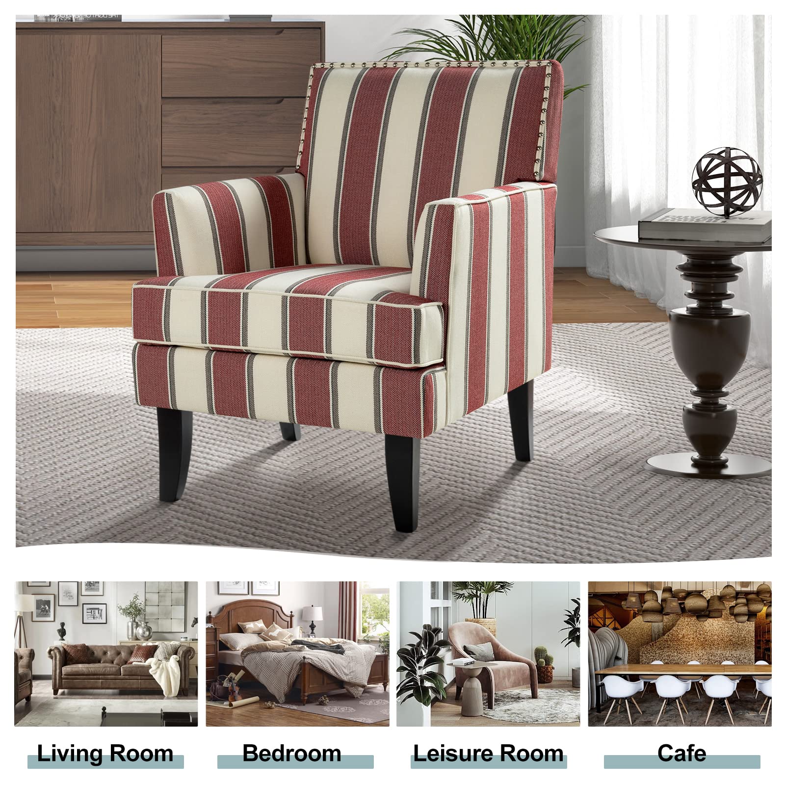 Modern Accent Chair with Wooden Legs & High Back Rest - Striped Armchair with Padded Armrest & Cushioned Seat for Living Room, Bedroom, Office - HULALA HOME Comfortable Armchair (Stripe Red) - Perfect for Reading Nook, Lounge Area & Home Decor