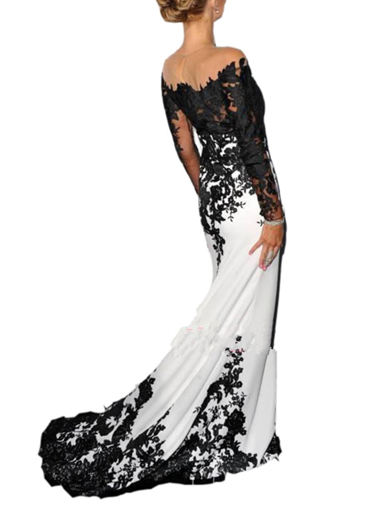 Emanni Women's Elegant Long Sleeve Bateau Neck Mermaid Evening Gown with Train - Perfect for Formal Dresses, Prom, Wedding Guest & Black Tie Events