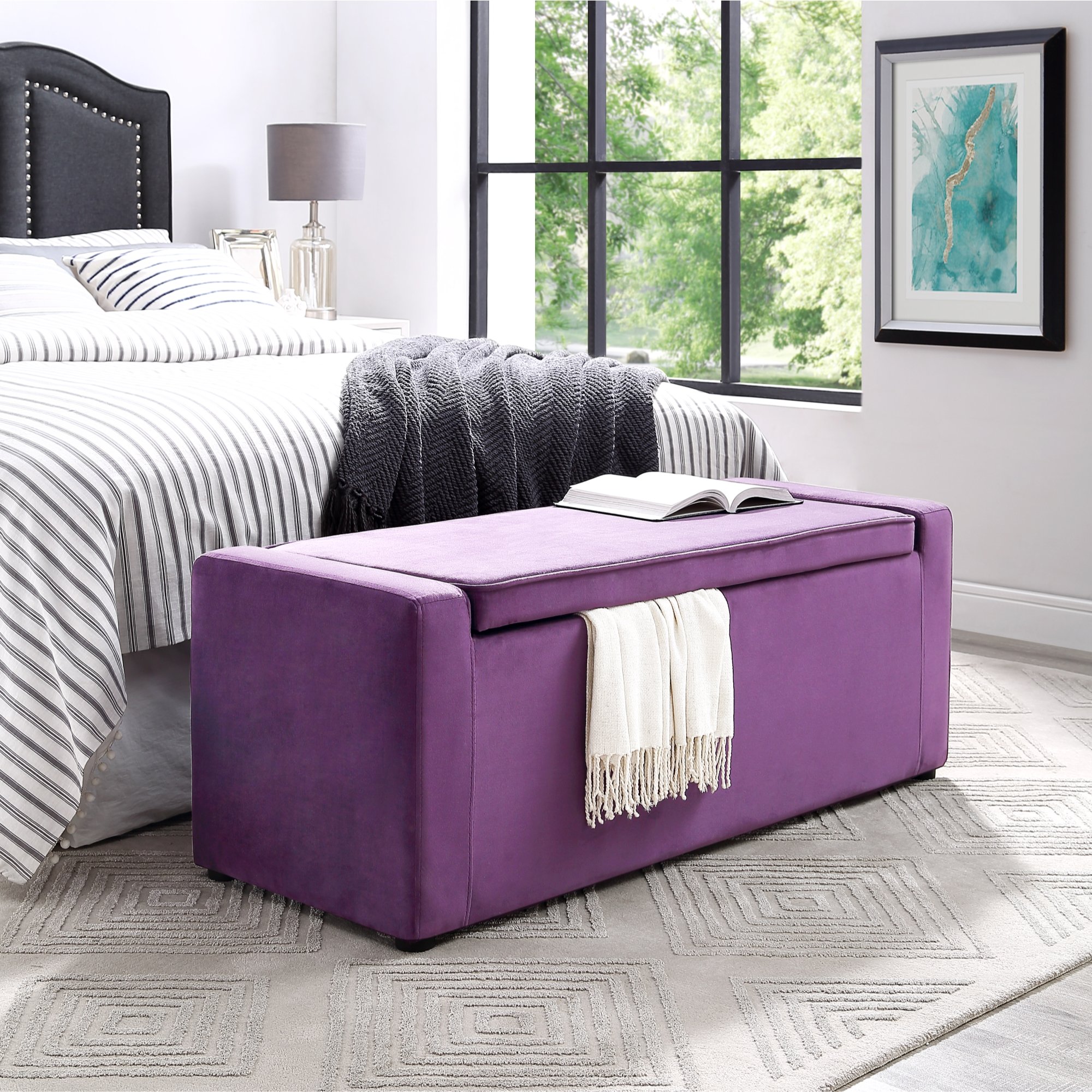 Fabroni Purple Velvet Storage Bench - Upholstered Shoe Storage Ottoman for Living Room, Entryway & Bedroom | Multi-Functional Seat with Hidden Storage | Perfect for Small Spaces & Home Organization