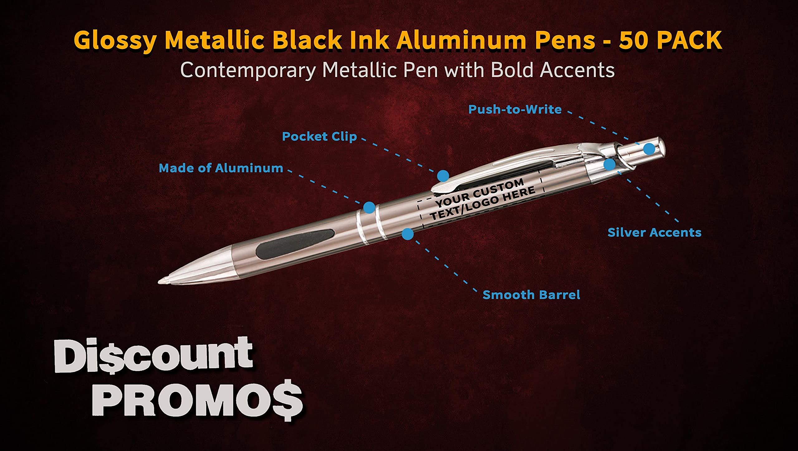 50 Pack Black Ink Metal Pens with Custom Text & Logo - Retractable Ballpoint Pens with Silver Accents - Premium Office & Business Writing Supplies for Gifts, Promotions & Corporate Events