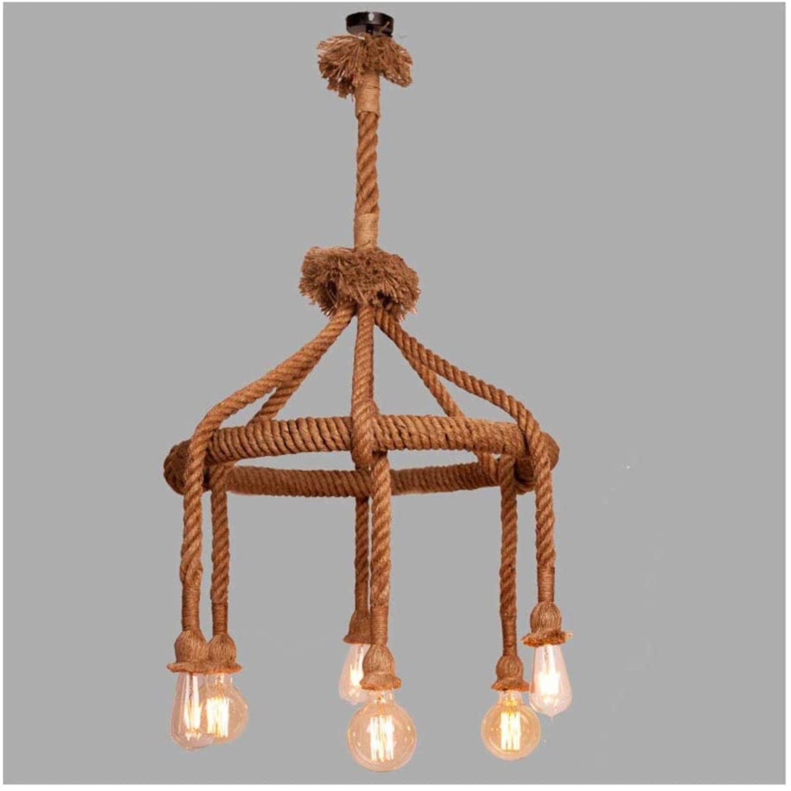 Vintage Industrial Woven Hemp Rope Chandelier - 6-Light Farmhouse Ceiling Fixture with Retro Design for Kitchen Island, Dining Room & Cafe Bar | Perfect for Rustic, Country & Industrial Decor