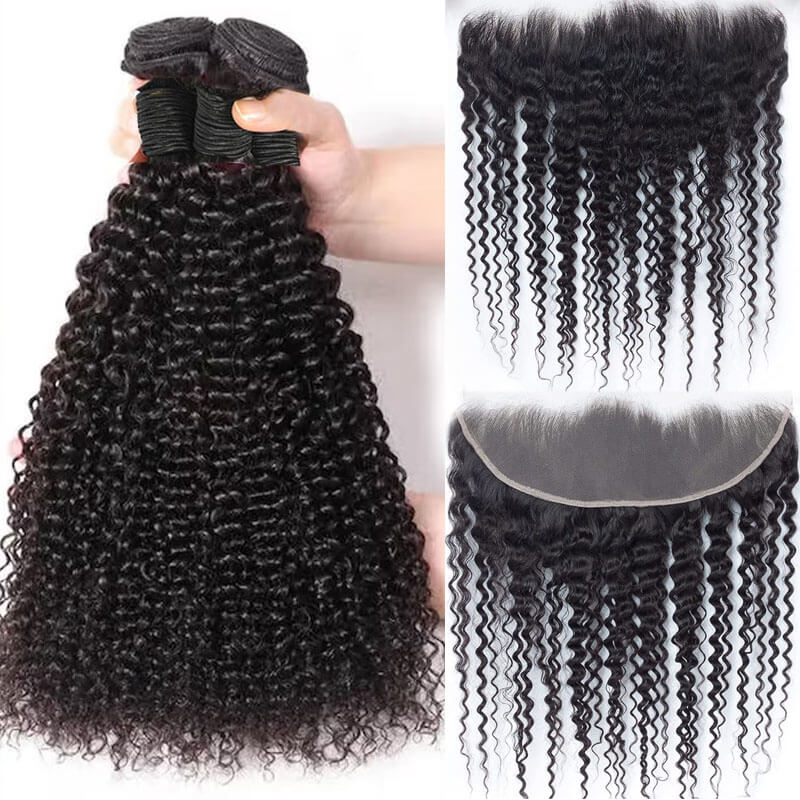 Eullair Kinky Curly Hair Bundles with Lace Closure - 3/4 PCS Human Hair Weave Bundles with 4x4 5x5 2x6 Lace Closure - Perfect for Natural Hairstyles, Weaves & Protective Styling