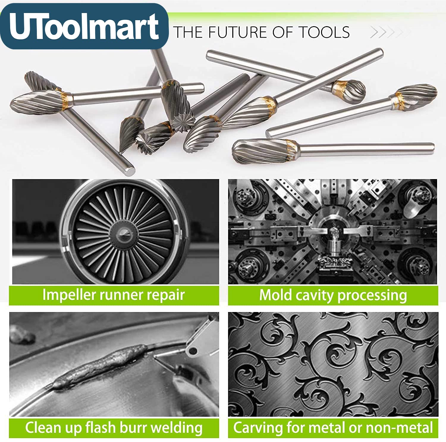 Utoolmart Tungsten Carbide Rotary Files - 3mm Shank, Single Cut Oval Burr Set (5mm Diameter) for Wood Carving, Metal Polishing & Die Grinder Applications - Perfect for DIY Projects & Professional Metalworking