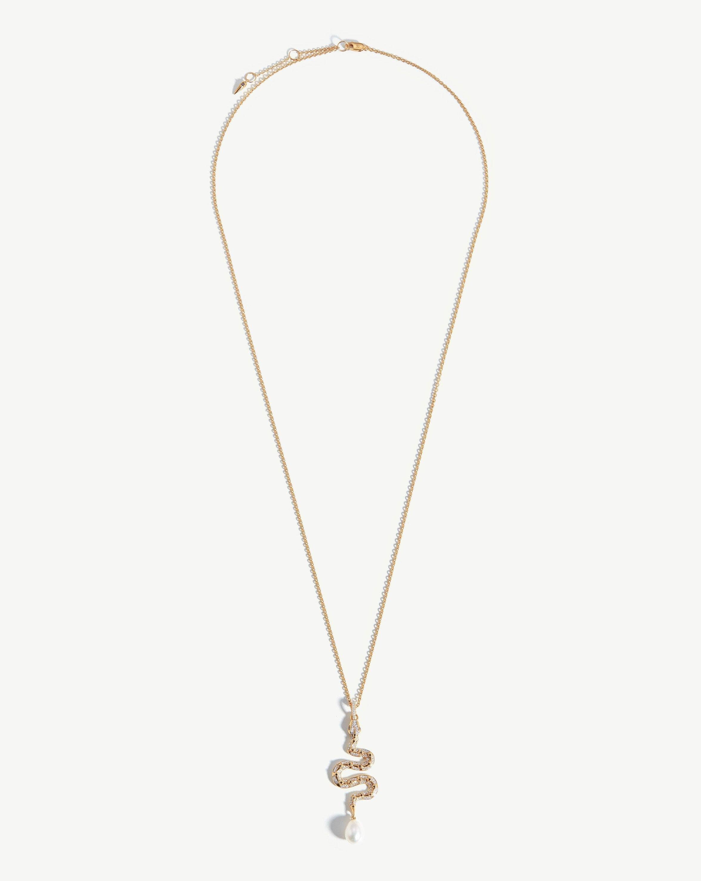 Harris Reed Fine Serpent Necklace - 14k Solid Gold Pearl & Diamond Pendant | Elegant Jewelry for Women, Perfect Gift for Birthday, Anniversary & Special Occasions