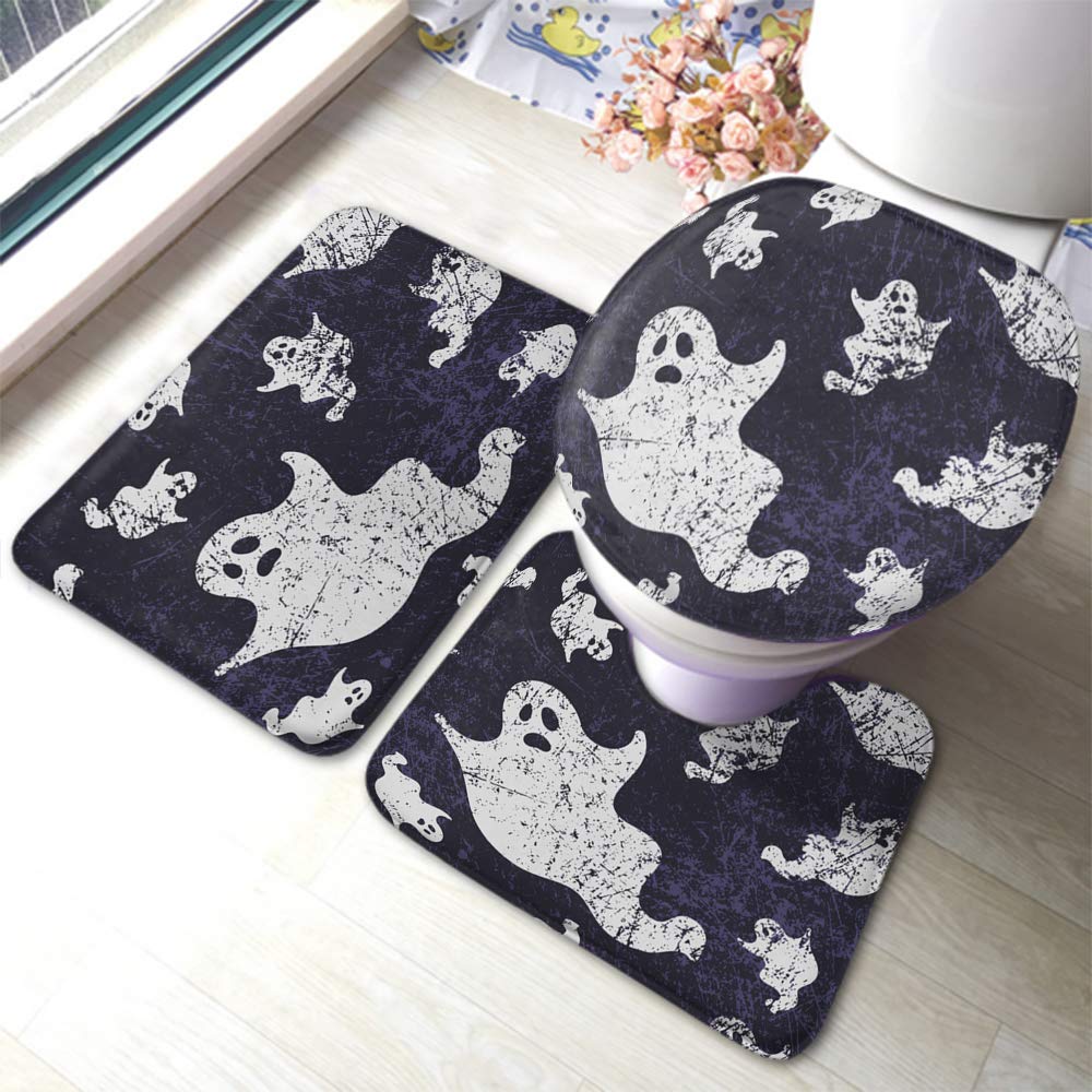 Vintage Doodle Ghost Bath Mat Set - 3 Piece Non-Slip Skull Design Bathroom Rug with Toilet Lid Cover | Halloween Decor, Gothic Home Decor for Bathroom Safety (Purple & White)