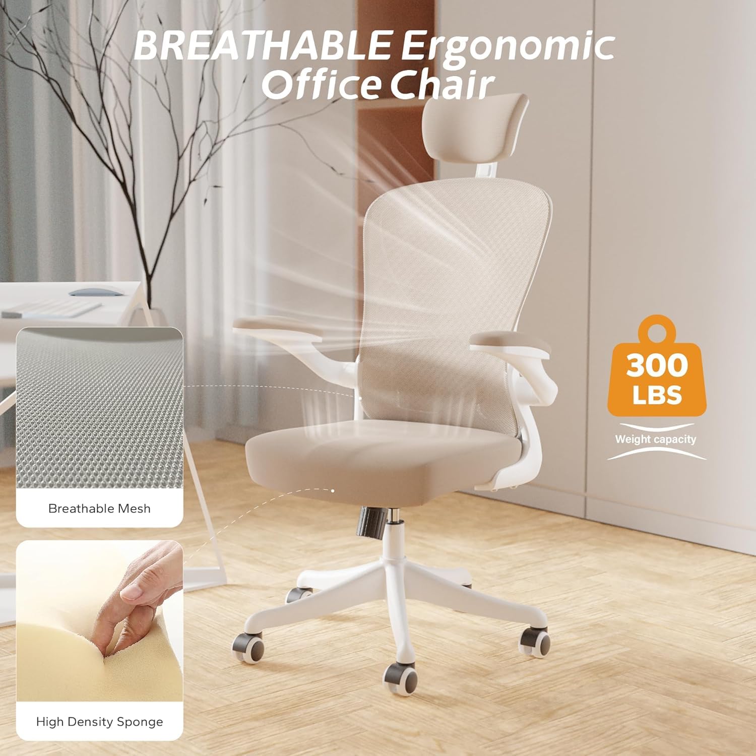 Ergonomic Office Chair with Lumbar Support & Thickened Cushion - Adjustable Headrest & Flip-Up Armrests - Rolling Desk Chair for Home & Office - Perfect for Long Work Hours & Gaming Sessions (Khaki)