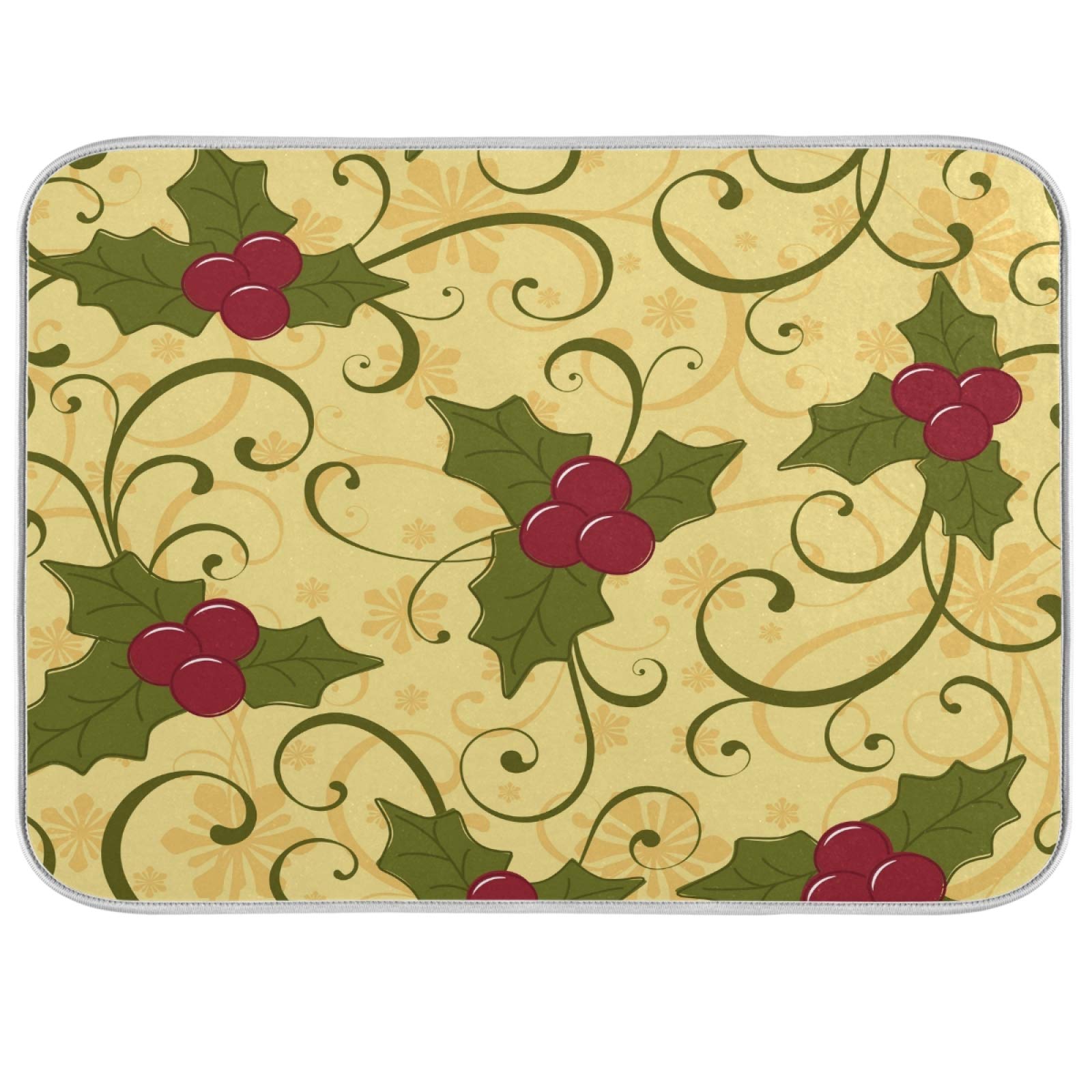Susiyo Christmas Holly Berry Dish Drying Mat - Super Absorbent Microfiber Kitchen Counter Pad (18x24 Inch) | Heat-Resistant, Safe for Dishes | Perfect for Holiday Kitchen Decor & Counter Protection