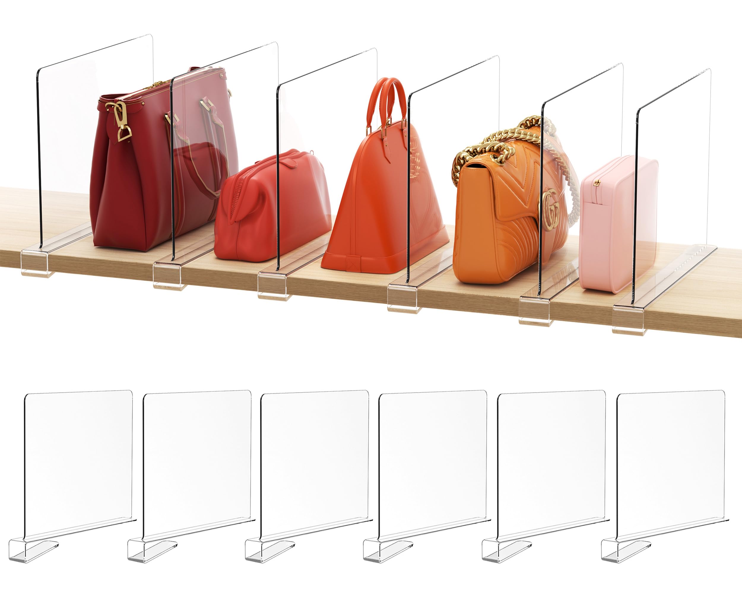 HBlife 6 Pack Clear Shelf Dividers - Adjustable Acrylic Organizer for Closet, Bookshelf & Drawers | Perfect for Sweaters, Shirts, Handbags, Kitchen & Bedroom Storage | Space-Saving Home Organization Solution