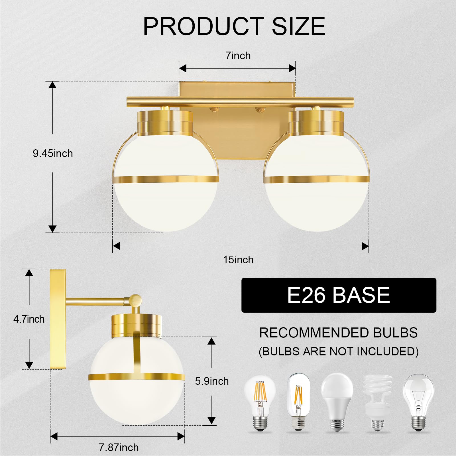 Gold Bathroom Vanity Light Fixture - 2 Light Modern Vanity Lighting with Frosted Glass Shades & Metal Base (15.2 inch) - Perfect for Bathroom, Powder Room & Dressing Area - Excludes E26 Bulb