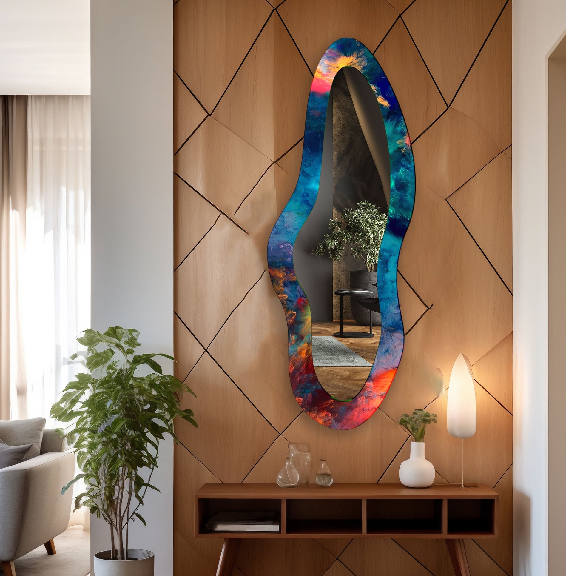 Blue Abstract Modern Glass Wall Mirror - Elegant Home Decor for Living Room, Bedroom & Entryway