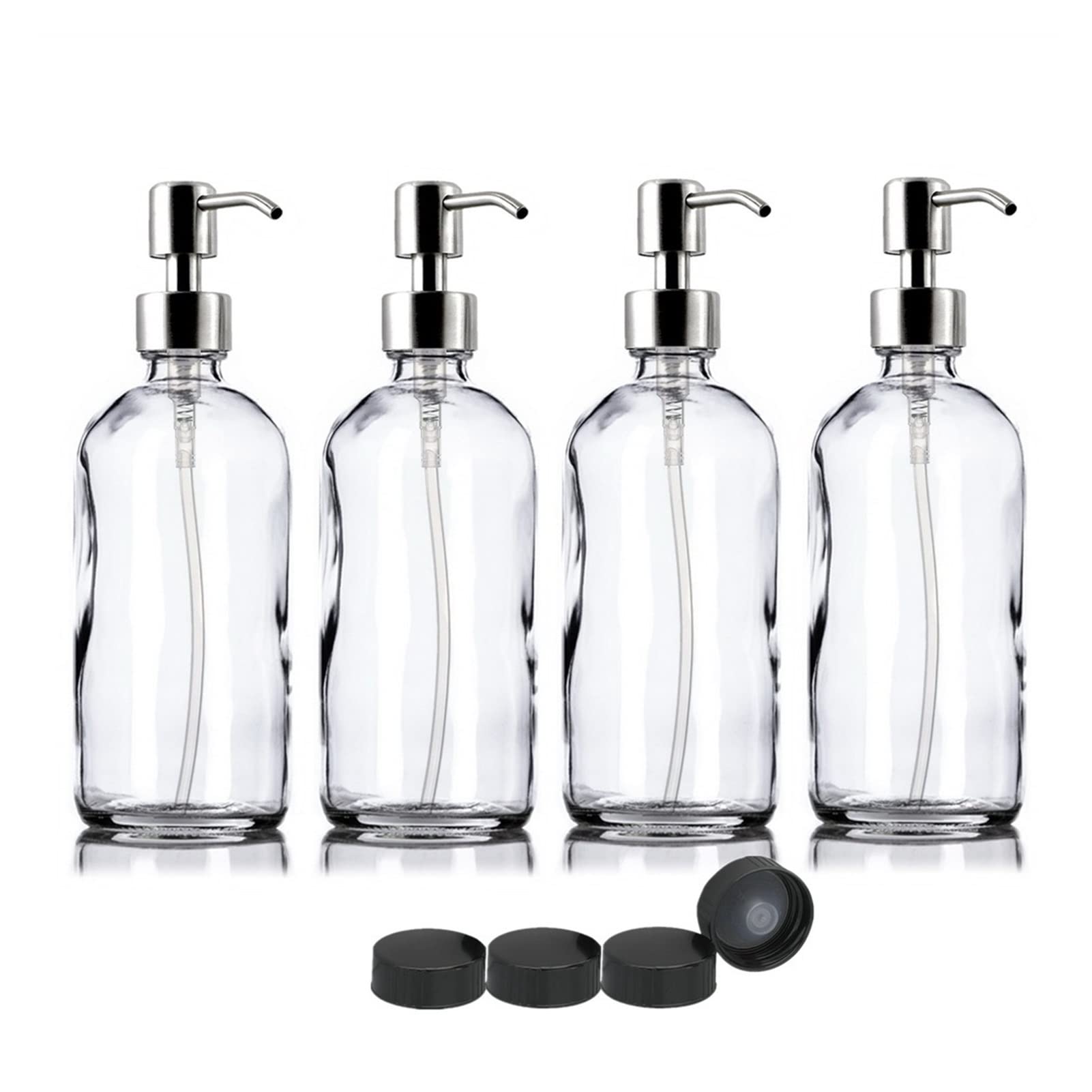 4-Pack 16oz Clear Glass Soap Dispenser with Stainless Steel Pump - Refillable Lotion Bottle for Kitchen, Bathroom, Salon | Perfect for Hand Soap, Dish Soap & Liquid Hand Sanitizer Storage
