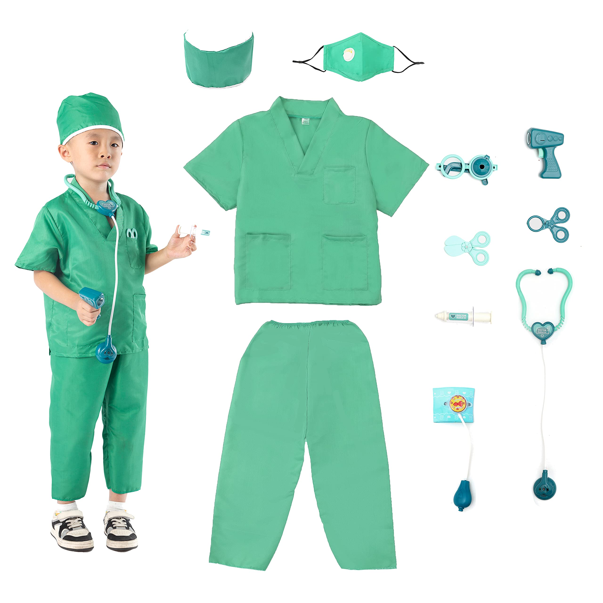 Kids Doctor Costume Set with Hat, Mask & Stethoscope - Doctor Role Play Dress Up Outfit for Pretend Play, Halloween & School Events