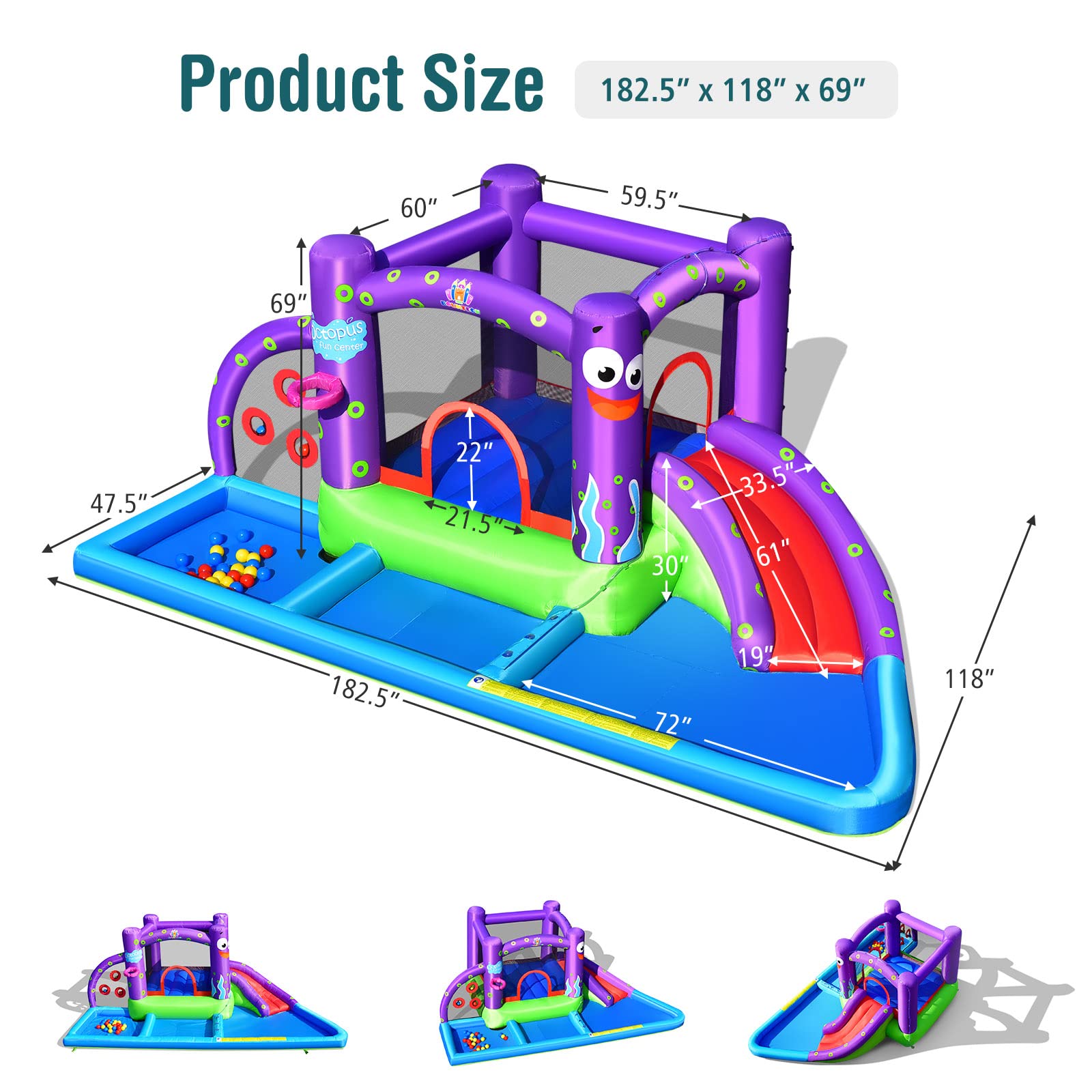 BOUNTECH Inflatable Water Slide with 3 Ball Pits & Splash Pool - 750W Blower Included - Outdoor Octopus Bounce House for Kids & Adults - Perfect for Backyard Parties, Summer Fun & Birthday Gifts