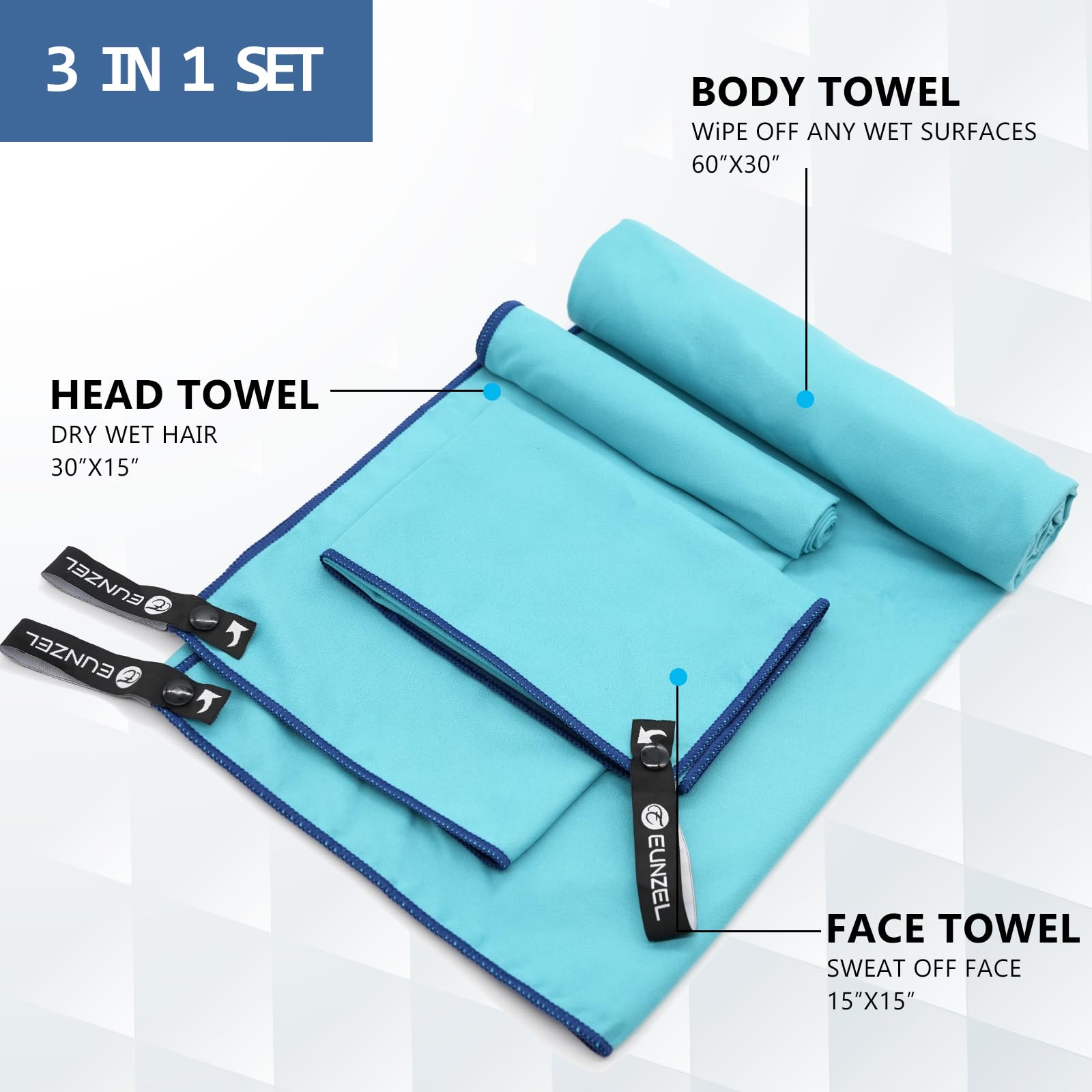 **Eunzel Quick Dry Camping Towel - Microfiber Travel Towel Set (3 Sizes in 1 Pack) - Ultra Absorbent & Fast Drying for Camping, Beach, Gym, Sports, Yoga & Swimming - Navy & Cyan - Perfect for Outdoor Adventures & Travel**