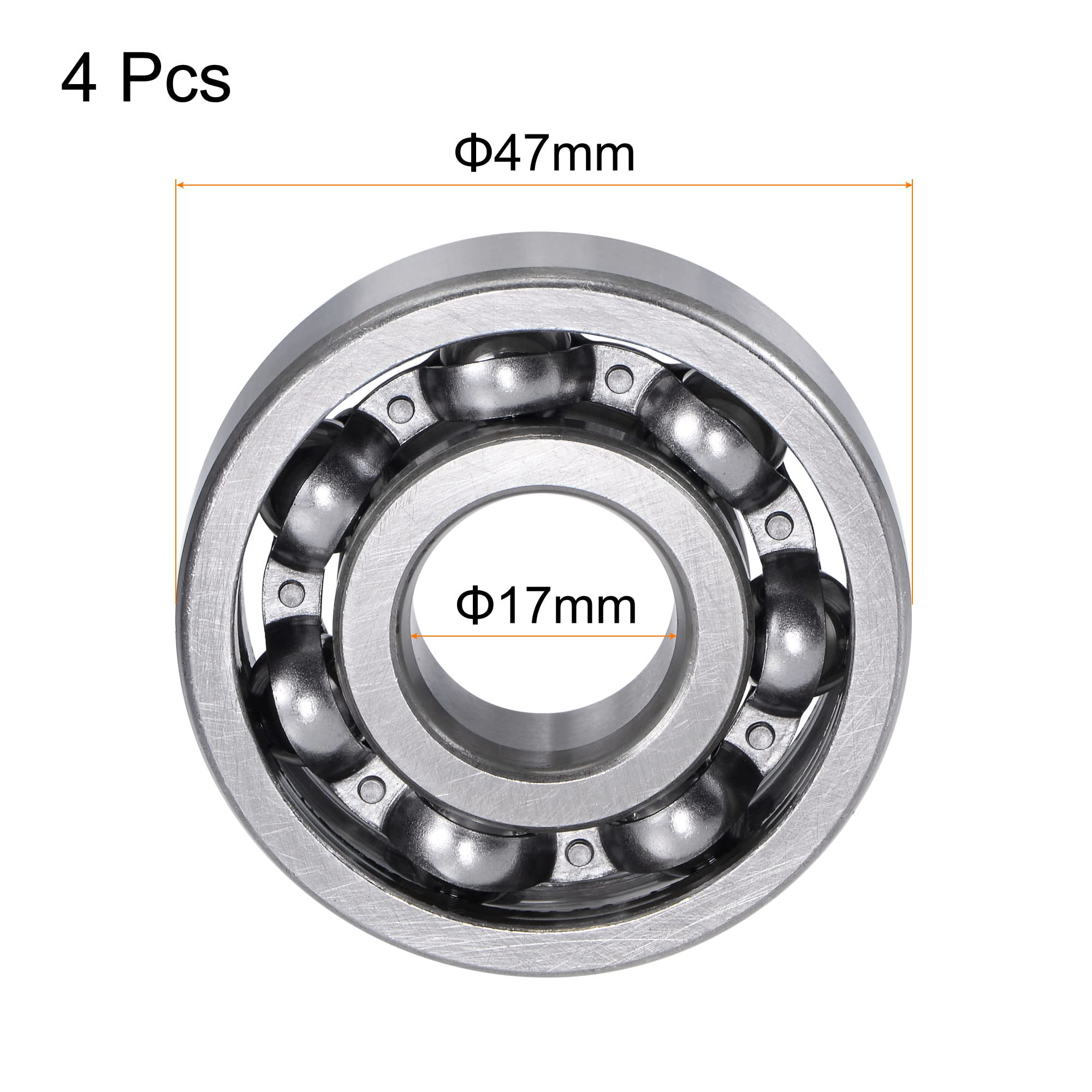 uxcell 6303 Deep Groove Ball Bearings 17mm x 47mm x 14mm, C3 Clearance Open Type Chrome Steel (4 Pack) - Perfect for Industrial Machinery, Automotive Parts, and DIY Projects