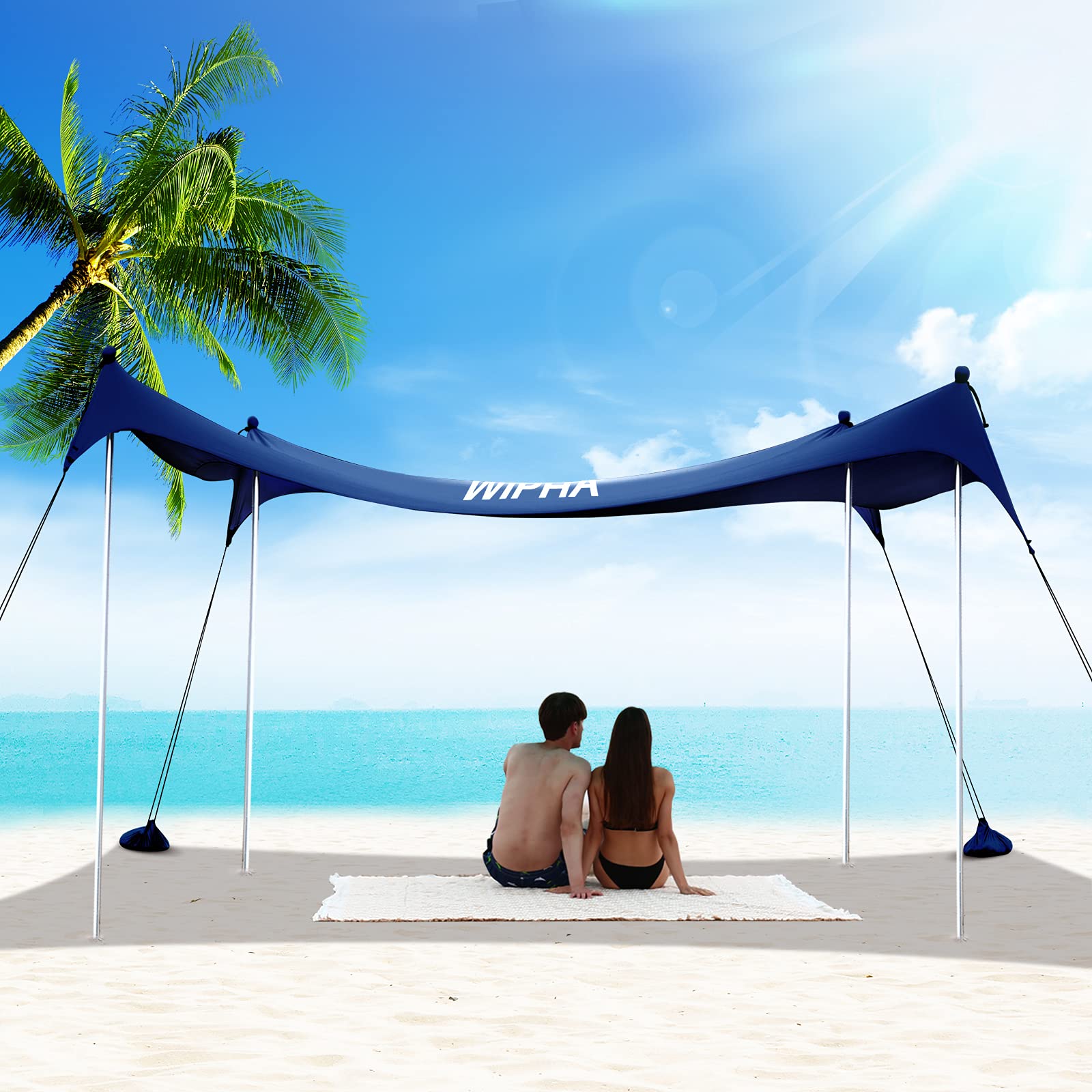 WIPHA Beach Tent - Portable Sun Shelter for 4-8 Adults, UPF 50+ UV Protection, Sand-Free Pop Up Canopy with Sand Shovel & Ground Pegs - Perfect for Beach, Backyard, Camping, Picnics (10x10FT 4 Poles) - Great for Family Outings, Summer Vacations & Outdoor Adventures