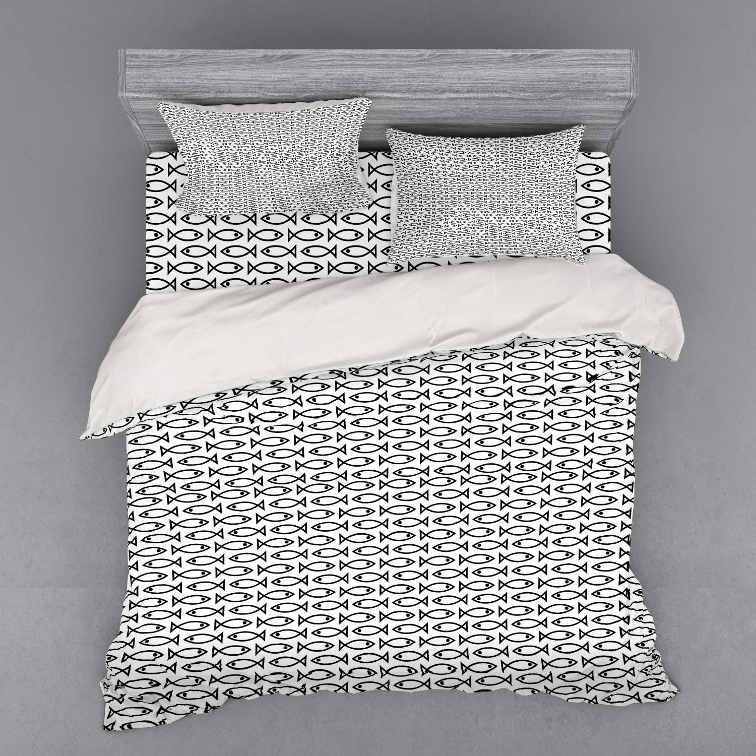 Ambesonne Minimalist Abstract Fish Pattern Duvet Cover Set - King Size 4 Piece Bedding Set with Shams & Fitted Sheet, Black White Monochrome Retro Modern Design for Bedroom Decor | Perfect for Contemporary Home, Guest Room or Vacation House Styling