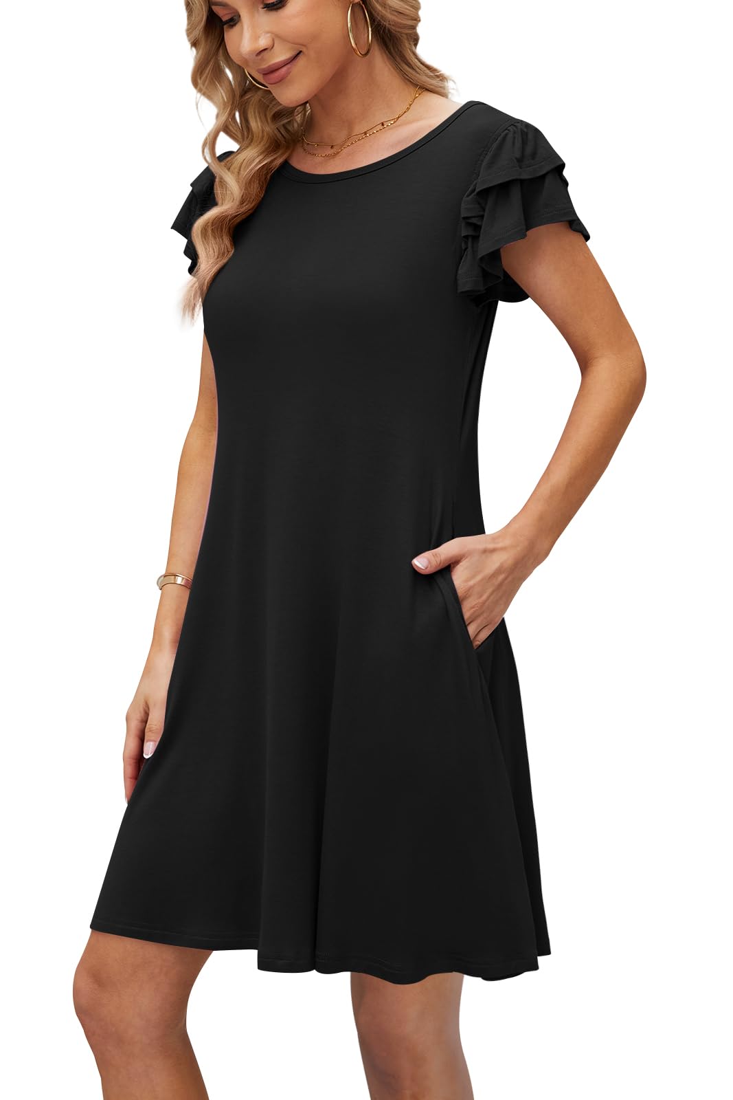DB MOON Women's 2025 Mini Summer Dress - Casual Ruffle Short Sleeve Crew Neck Flowy Dress with Pockets | Perfect for Beach, Vacation & Date Night Outfits