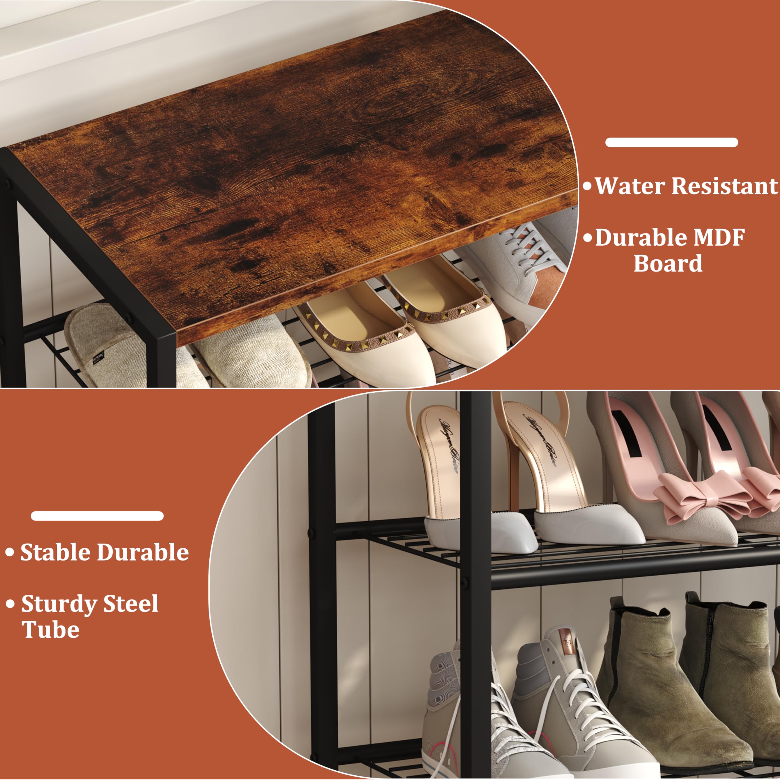 4-Tier Industrial Shoe Rack Organizer - Narrow Sturdy Metal Shoe Storage Shelf for Closet & Entryway - Rustic Brown Shoe Shelf for Boots, Sneakers & Home Organization (Perfect for Small Spaces & Apartment Living)