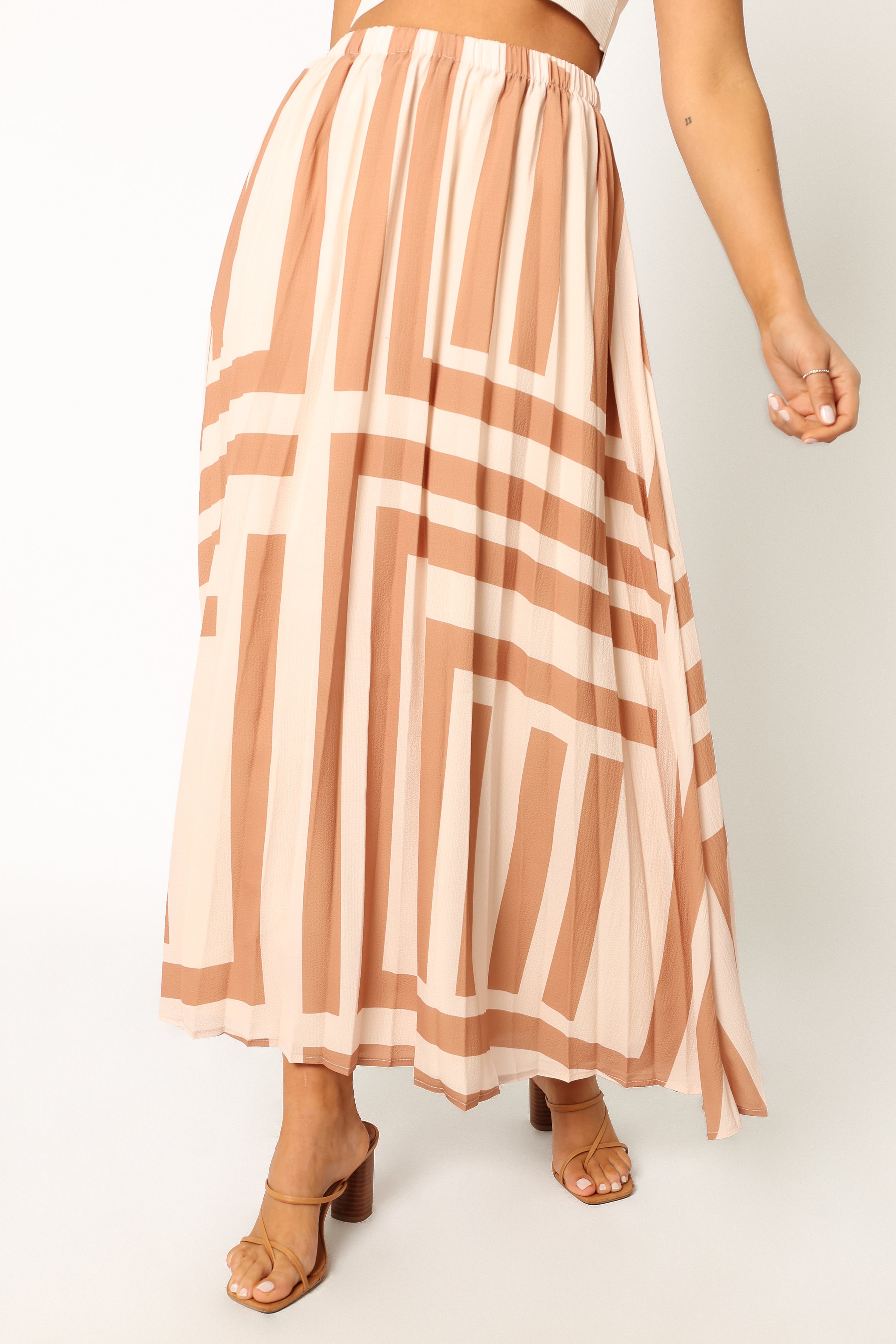 Elke Pleat Midi Skirt in Tan - Stylish A-Line Skirt for Women | Perfect for Office, Date Night & Casual Outings