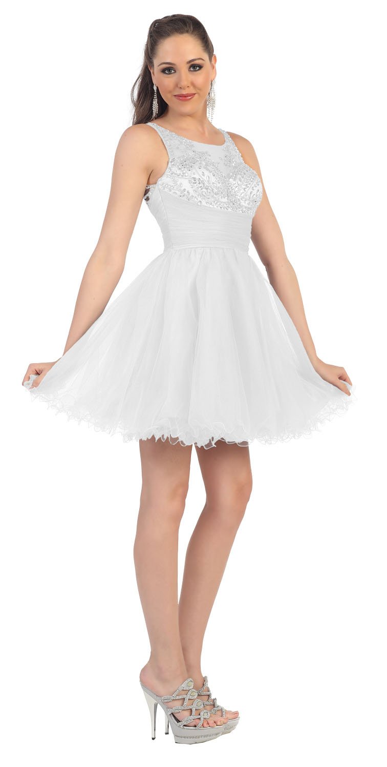 Sparkly Sequin Mesh Party Dress #1140 - Women's Short Sassy Cocktail Dress in White (Size 6) | Perfect for Night Out, Club Wear, and Special Occasions