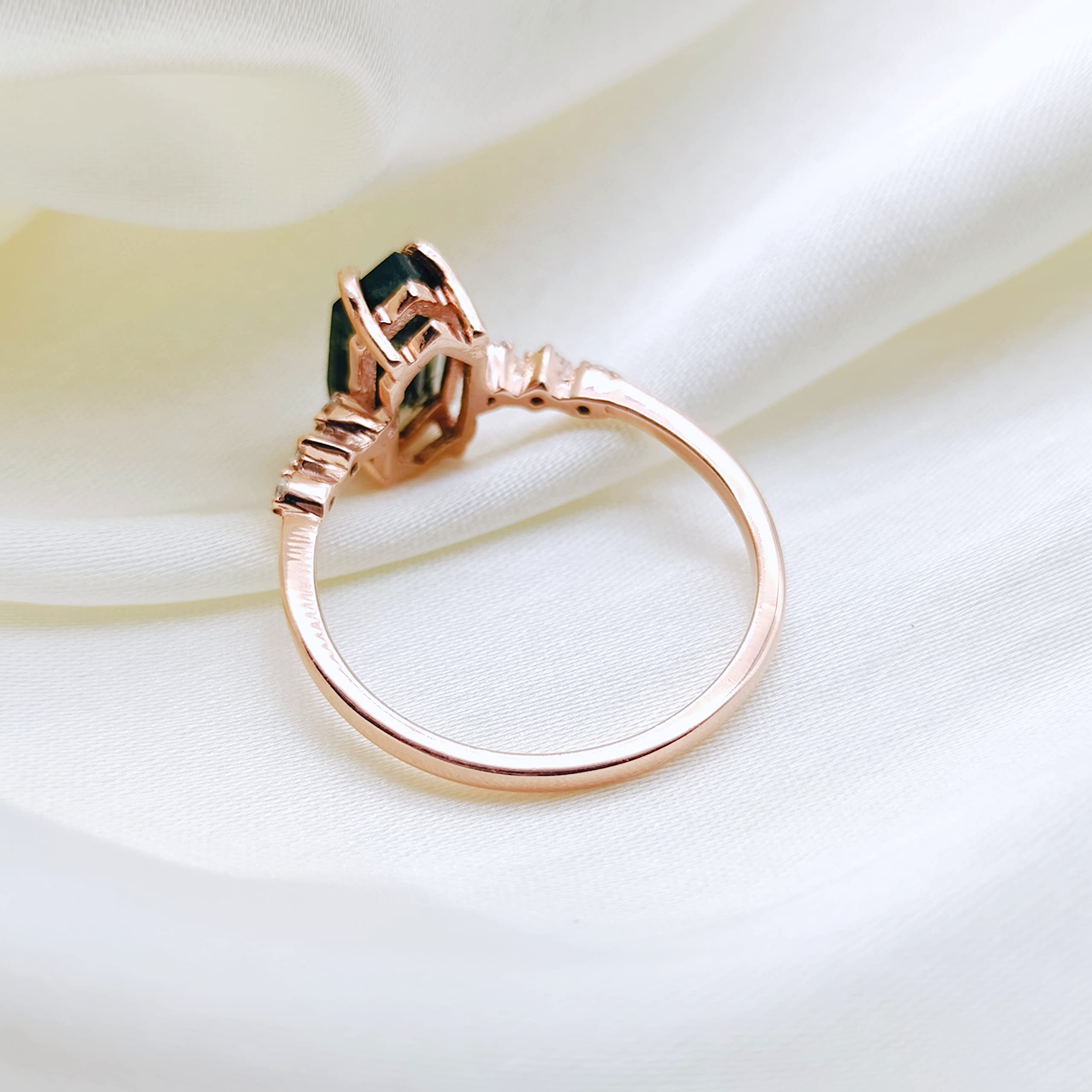 Natural Moss Agate Hexagon Ring for Women - Rose Gold, White, Green & Silver Stackable Promise Ring | Elegant Birthstone Jewelry Gift for Her, Anniversary & Special Occasions | Perfect for Stacking, Layering & Everyday Wear