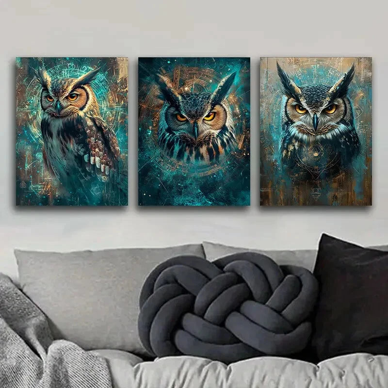 3-Piece Mysterious Owl Art Painting - Metal Print Wall Decor Ready to Hang - Perfect for Living Room, Bedroom & Office Decor