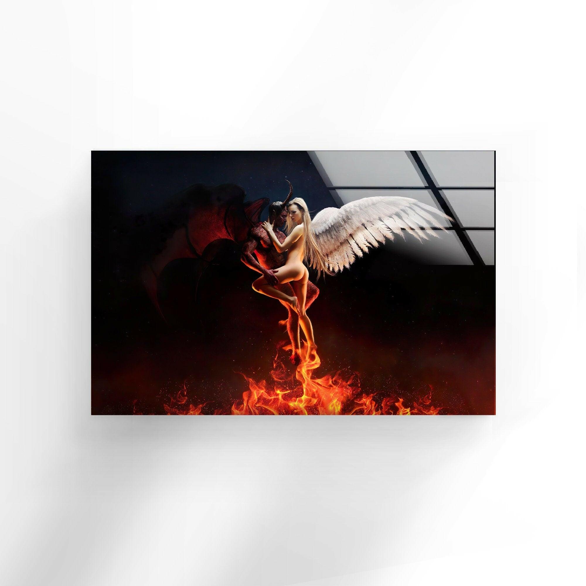 Angel and Devil Stained Glass Wall Art - Elegant Gothic Home Decor for Living Room, Bedroom, or Office