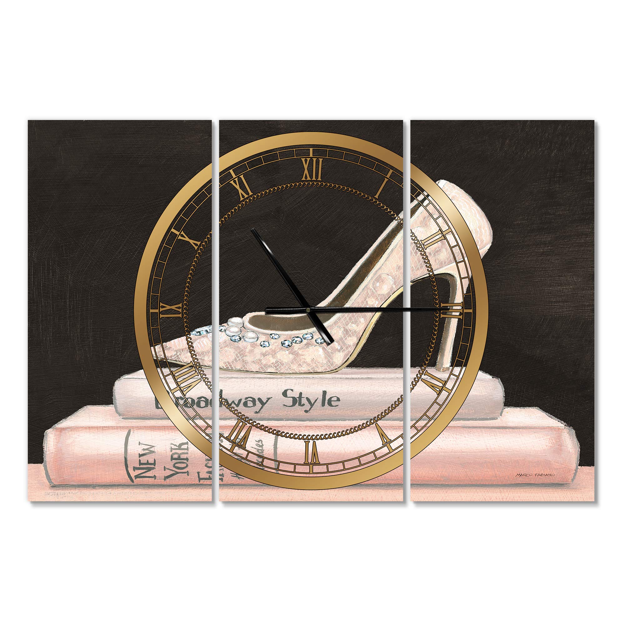 Designart Pink Fashion & Glam High Heels II 3-Panel Wall Art Clock - Vintage Style Metal Wall Decor for Living Room, Bedroom, Office - Perfect for Home Decor & Gift Giving