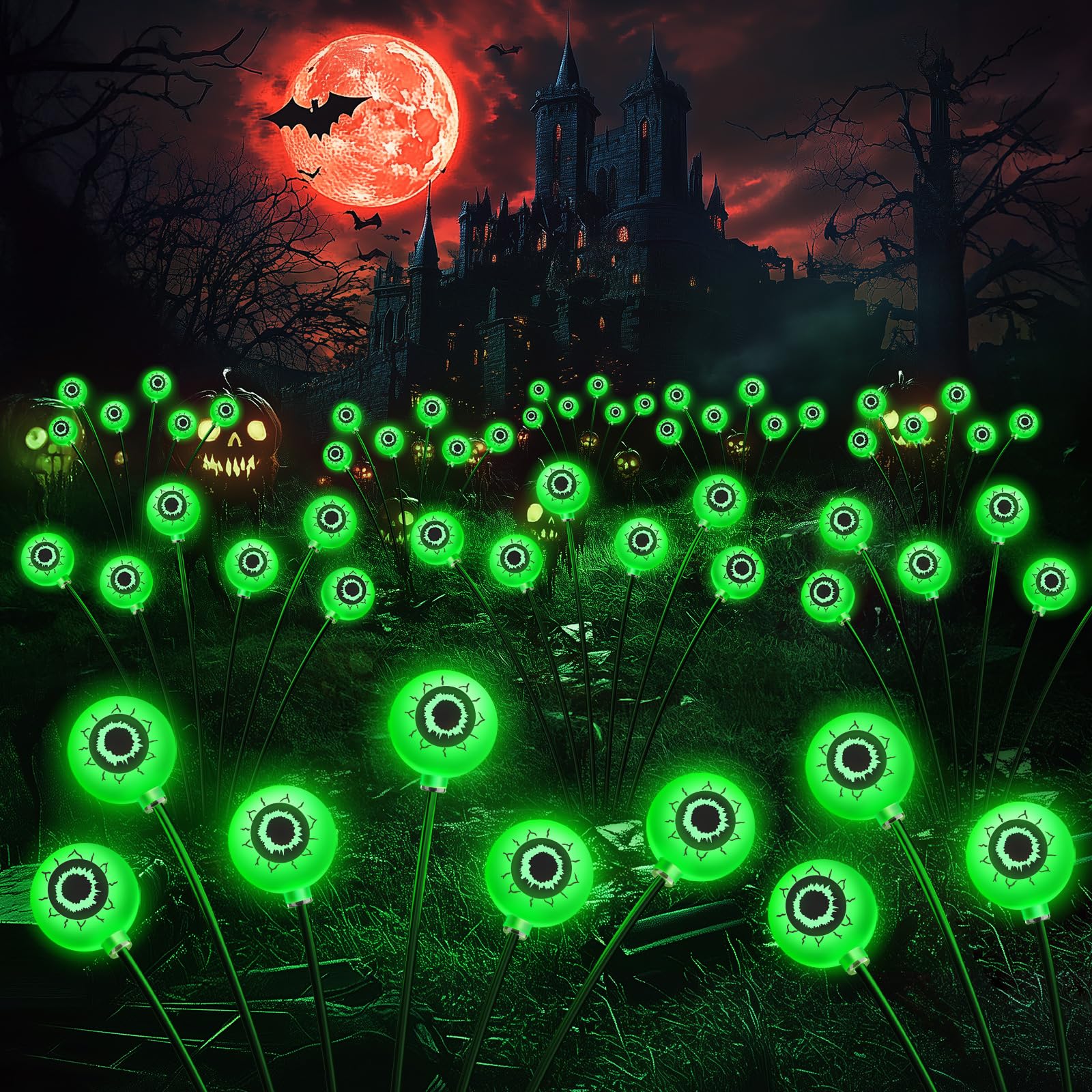 6 Pack Solar Halloween Decorations Outdoor - 36LED Scary Eyeball Lights with Wind Swaying Effect, Waterproof Green Halloween Pathway Lights for Yard, Lawn, Garden - Perfect for Spooky Halloween Party & Trick-or-Treat Decor
