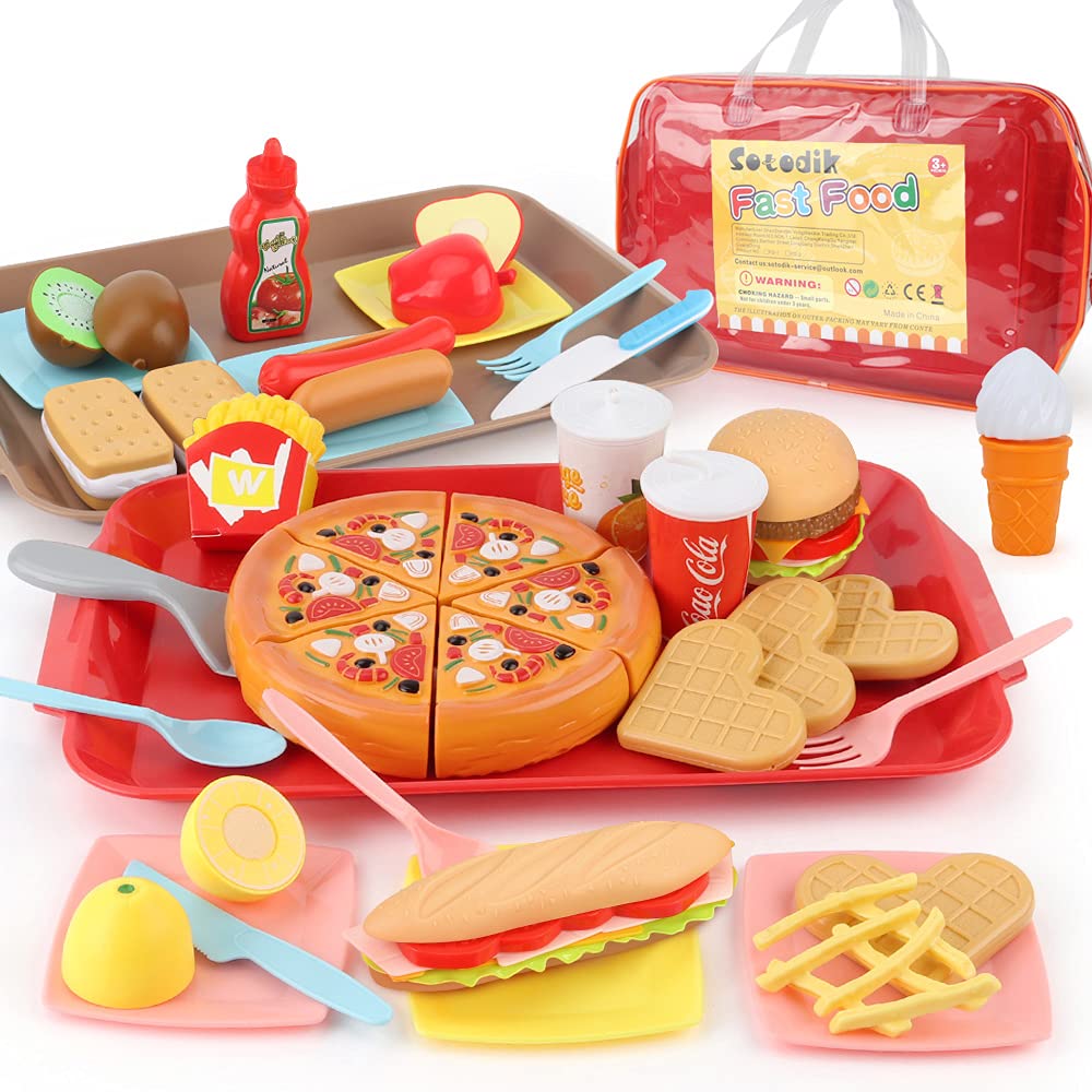 Sotodik 40PCS Pretend Play Food Set - Fast Food Toys with Cutting Pizza, Hamburger & Fruits for Toddlers, Kids, Boys & Girls - Double Tray Included - Perfect for Role Play, Kitchen Toys & Early Learning Activities