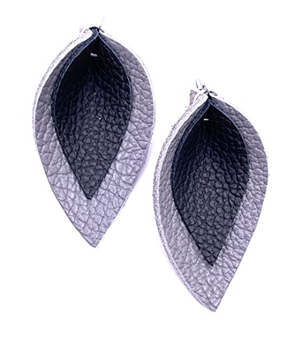 Layered Leather Leaf Earrings for Women - Black on Gray - Boho Chic Dangle Earrings for Casual & Party Wear