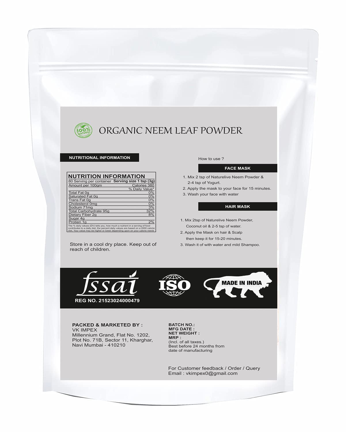 NATURELIVE ® 100% Organic Pure Neem Leaves Powder (200g) - USDA Certified for Skin Care, Hair Growth & Face Treatment - Natural Ayurvedic Remedy for Acne, Dandruff & Scalp Health - Perfect for DIY Beauty Masks & Herbal Remedies